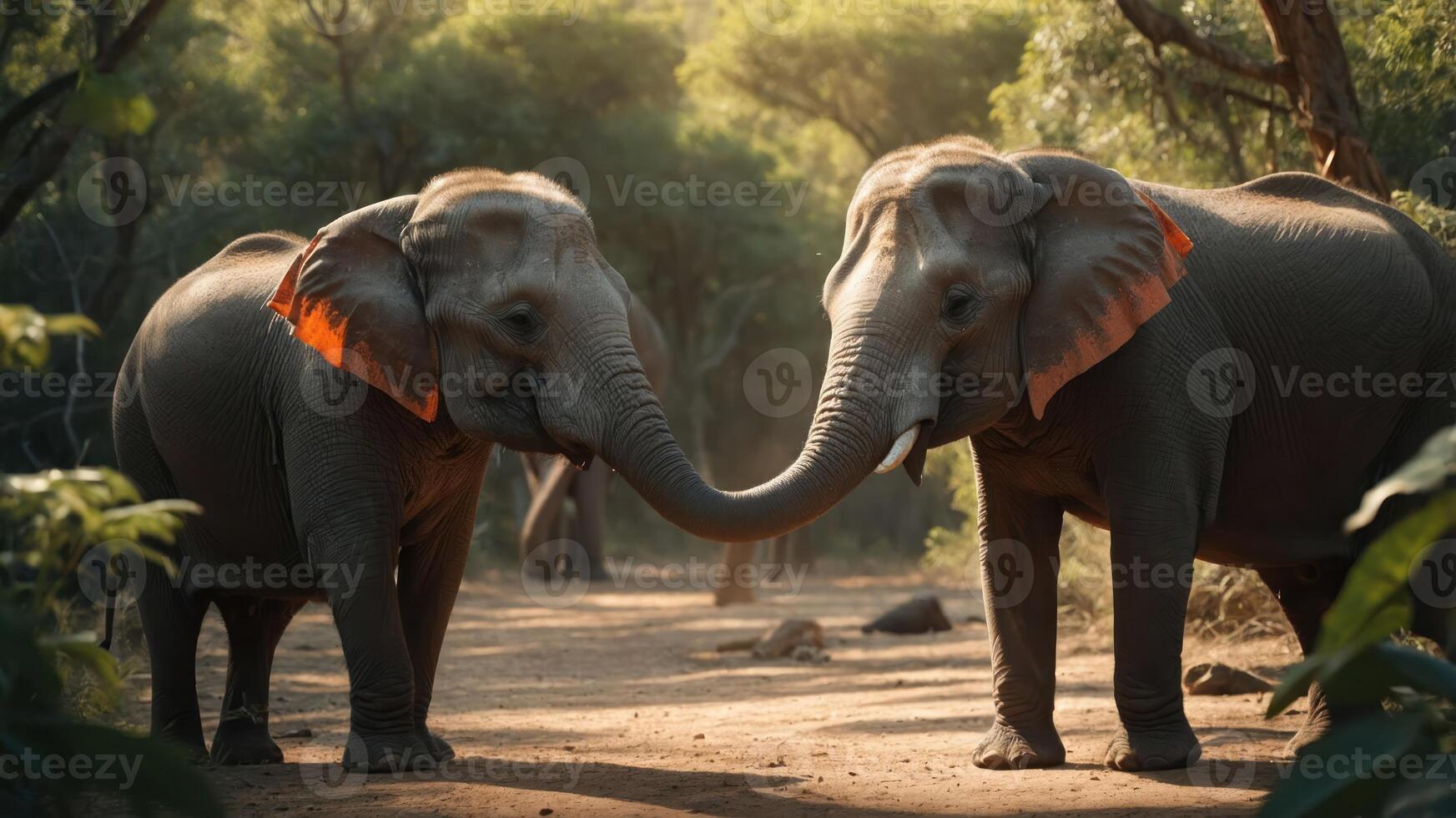 Two elephants touching trunks in a serene forest setting. photo