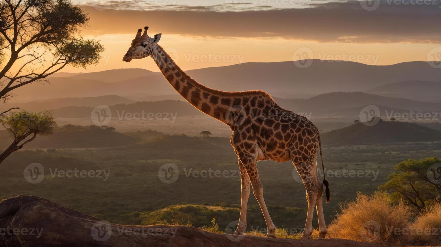 A giraffe stands majestically against a sunset backdrop in a scenic landscape. photo