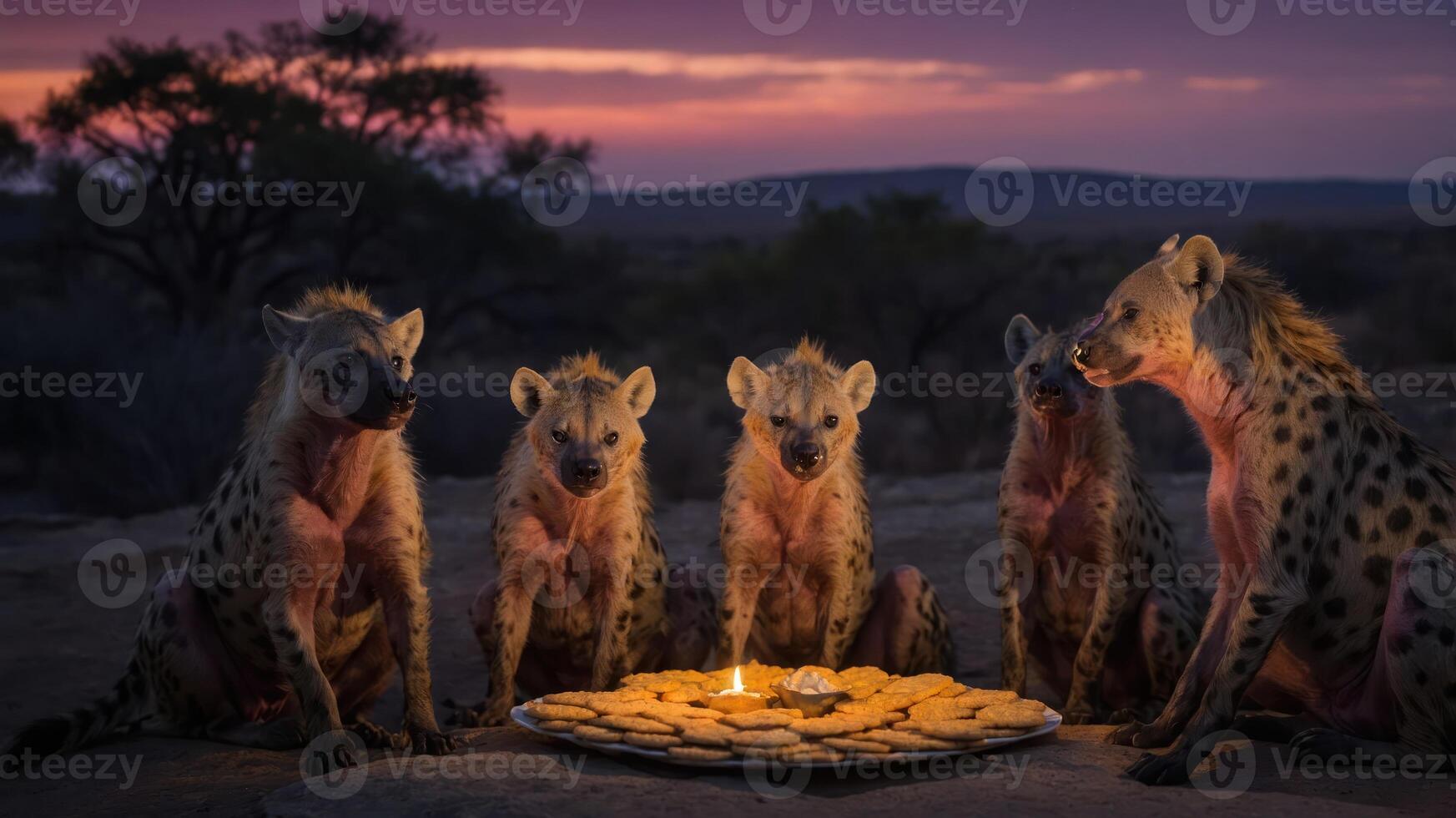 A group of hyenas gathered around a plate of cookies with a candle at sunset. photo