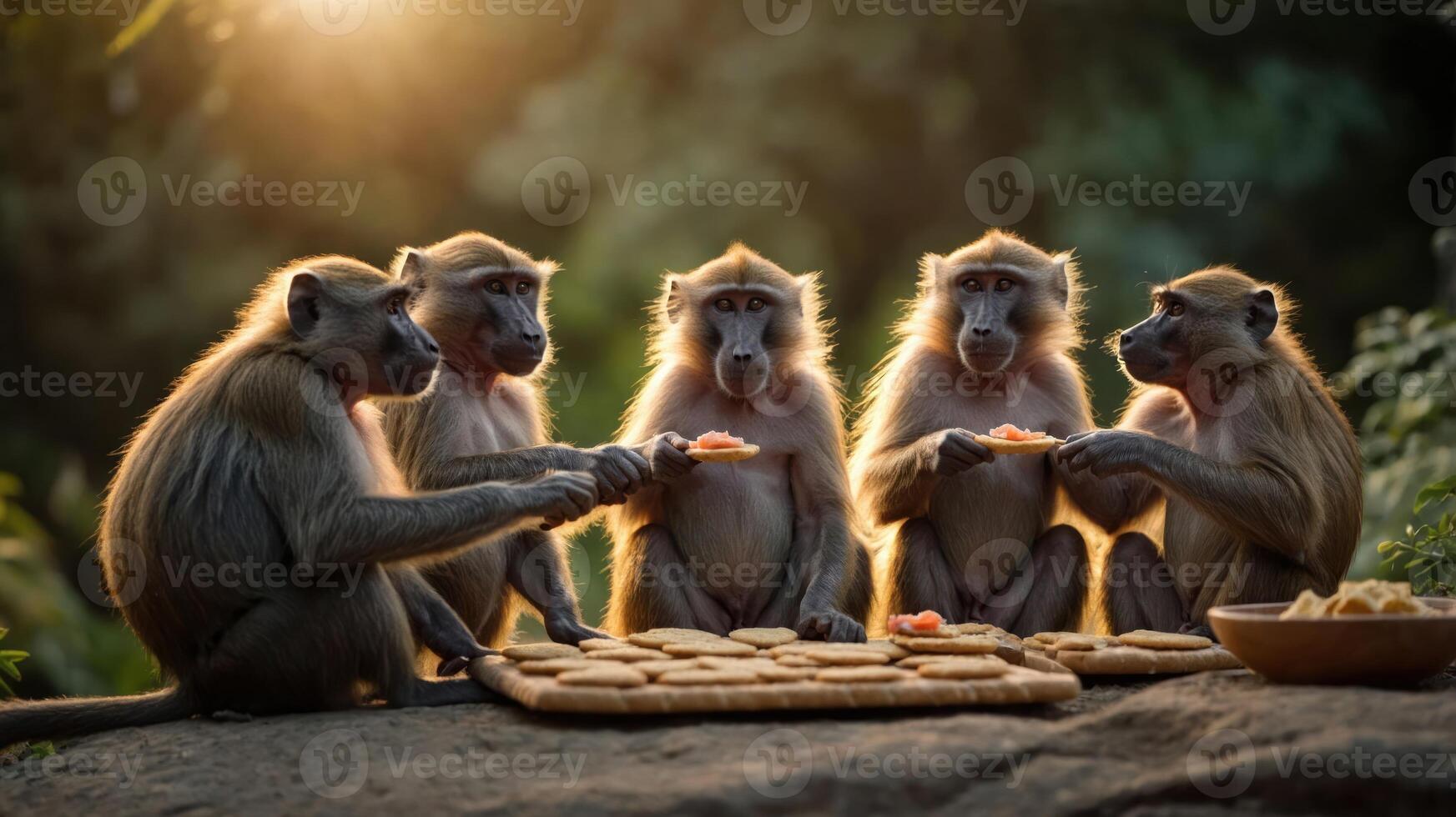 Five monkeys sharing food in a natural setting during sunset. photo