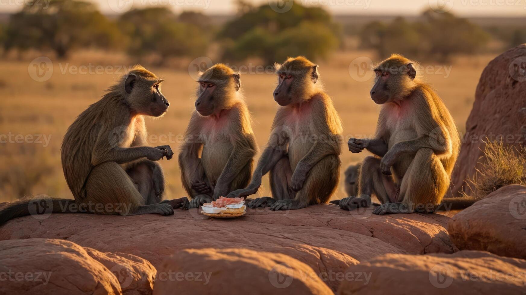 Four baboons sitting on a rock, sharing food in a natural landscape during sunset. photo