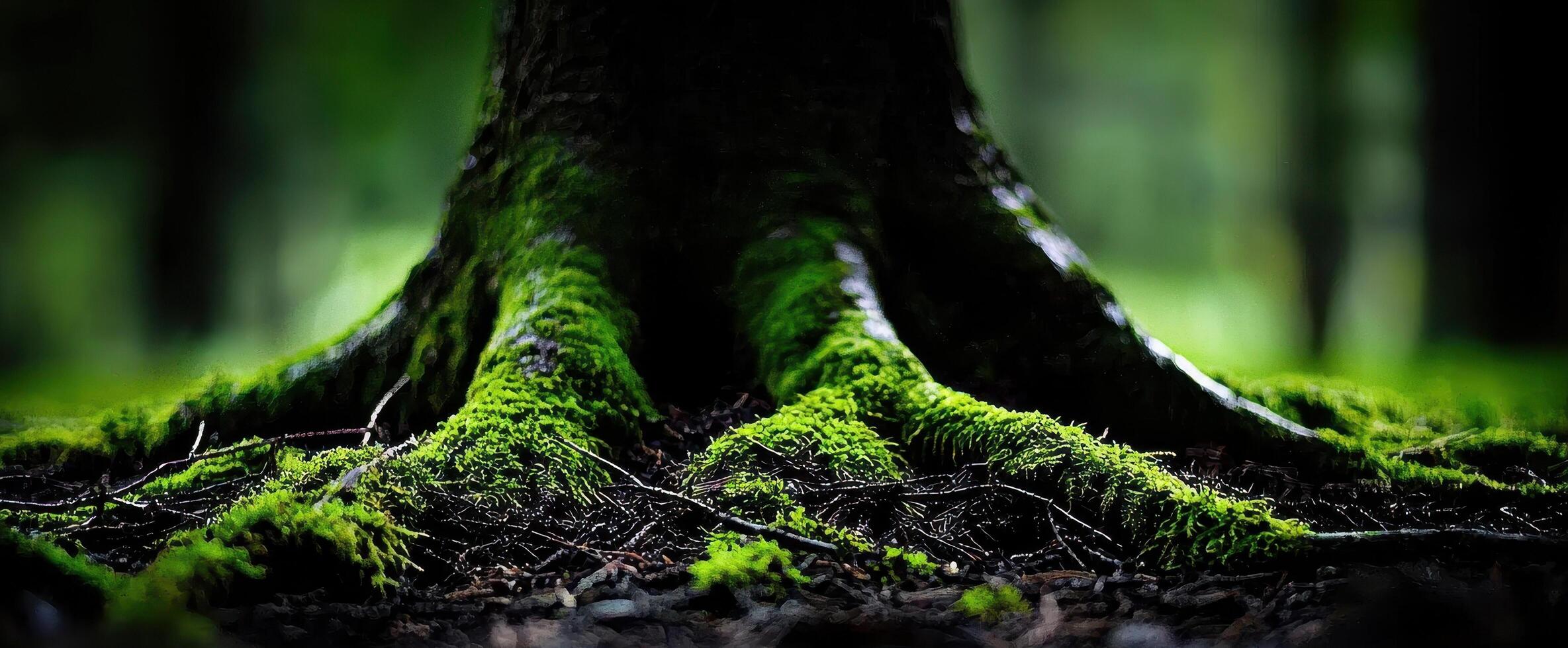 Lush Green Moss Covering Tree Roots in a Dark Forest Setting photo