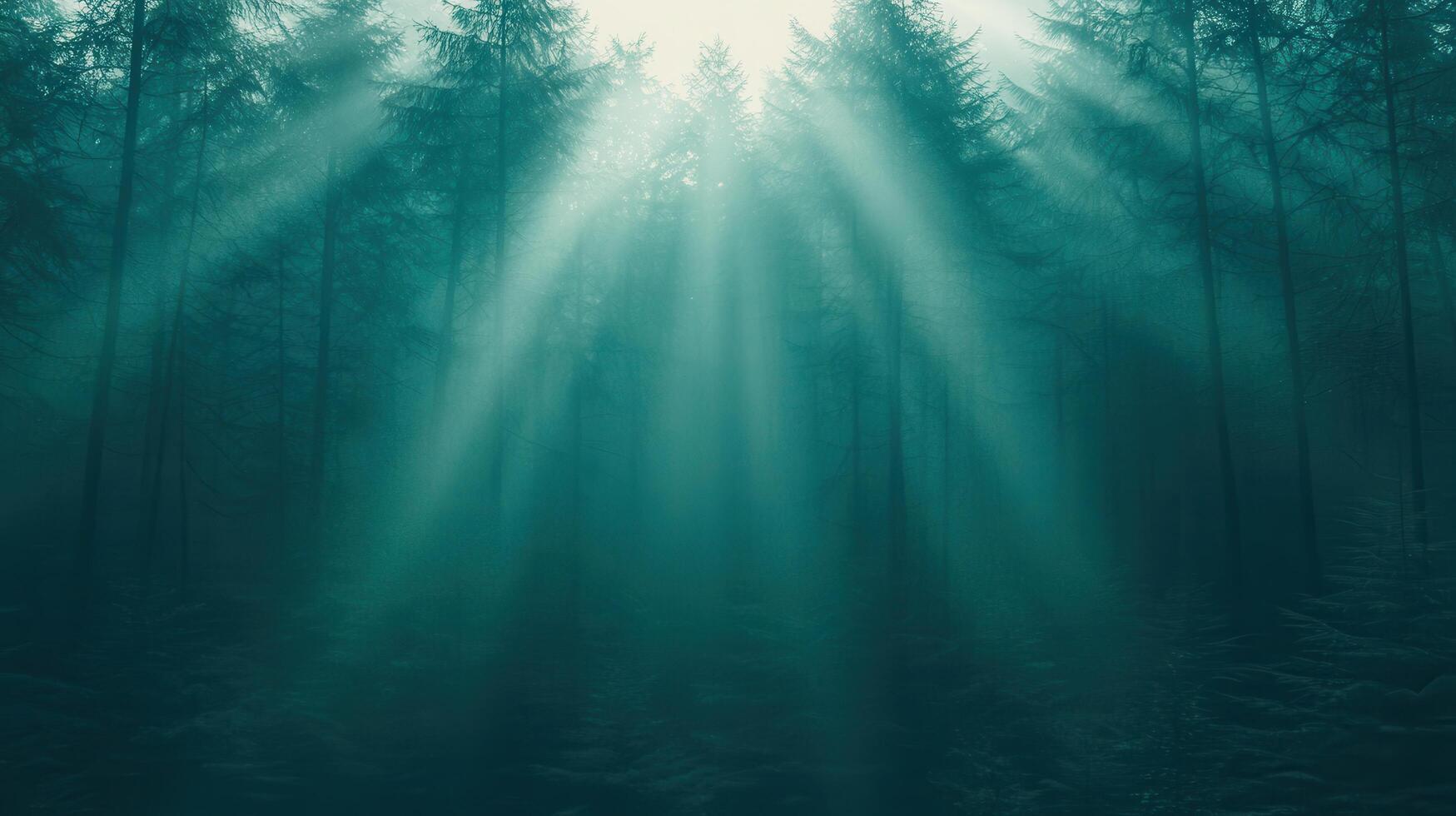 Enigmatic Sunbeams Piercing Misty Forest Mystical Teal Woodland Scene photo