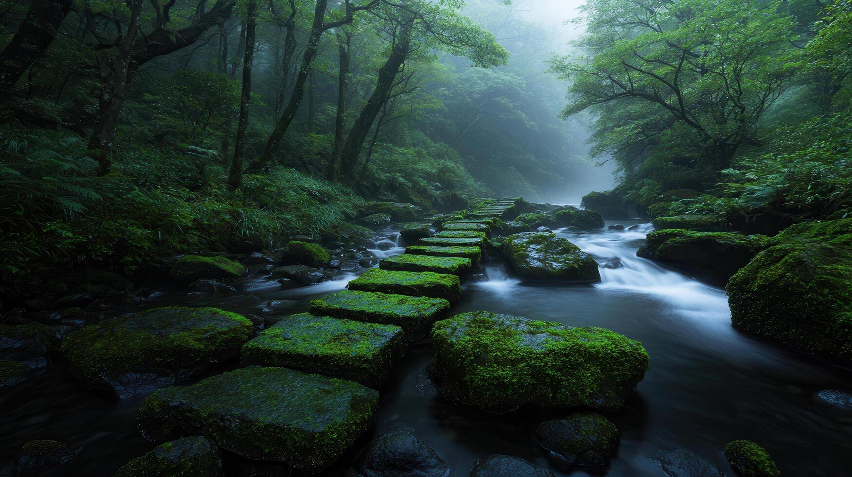 Serene Mossy Stone Path Across Misty Forest Stream Lush Green Nature photo