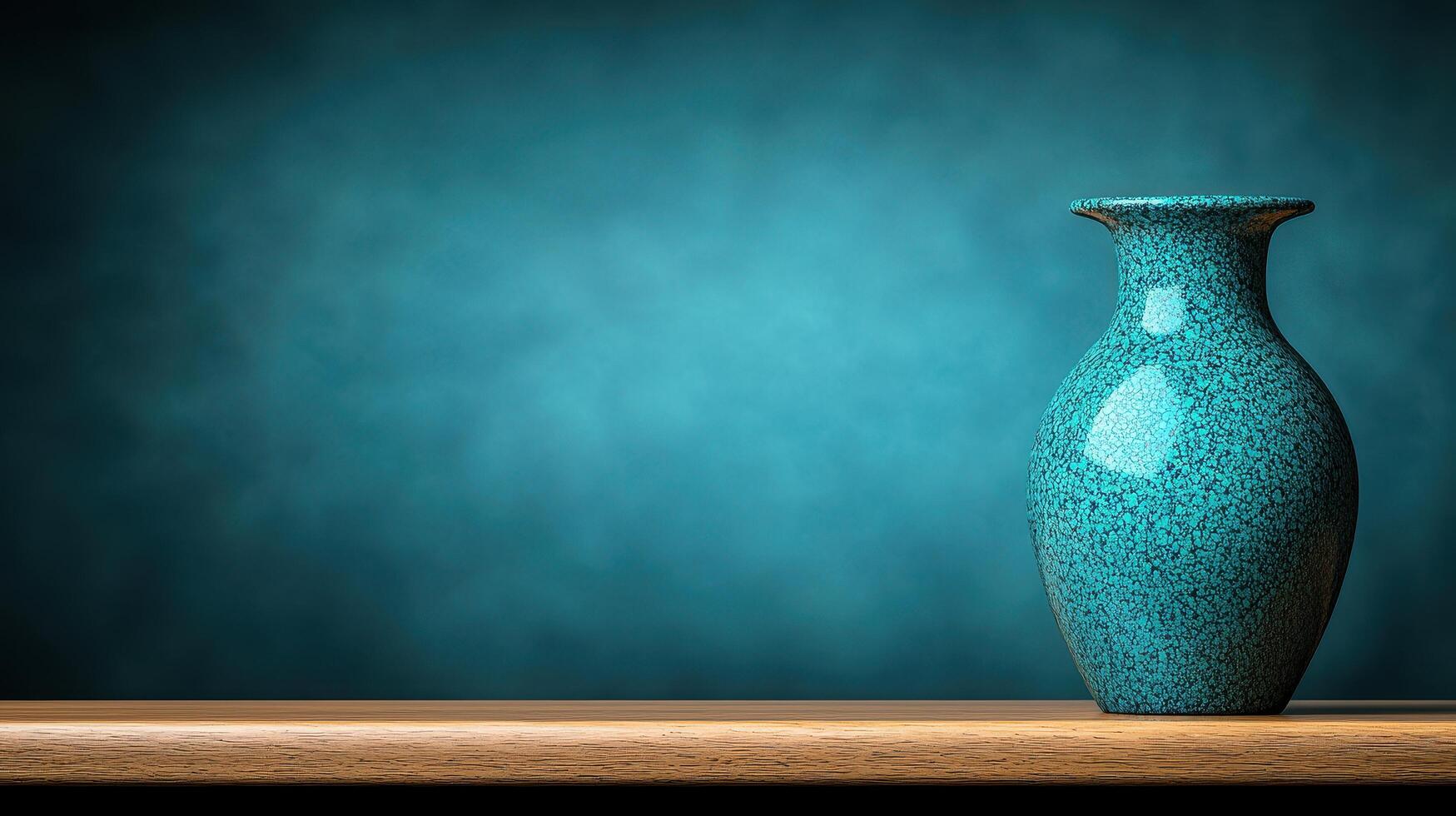 Teal Speckled Ceramic Vase on Wooden Shelf Against a Dark Teal Background photo