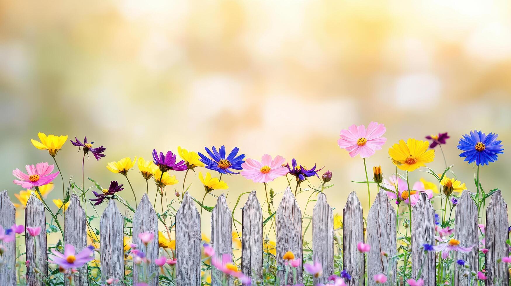 Vibrant Spring Cosmos Flowers Blooming by Rustic Wooden Fence in Sunny Garden photo