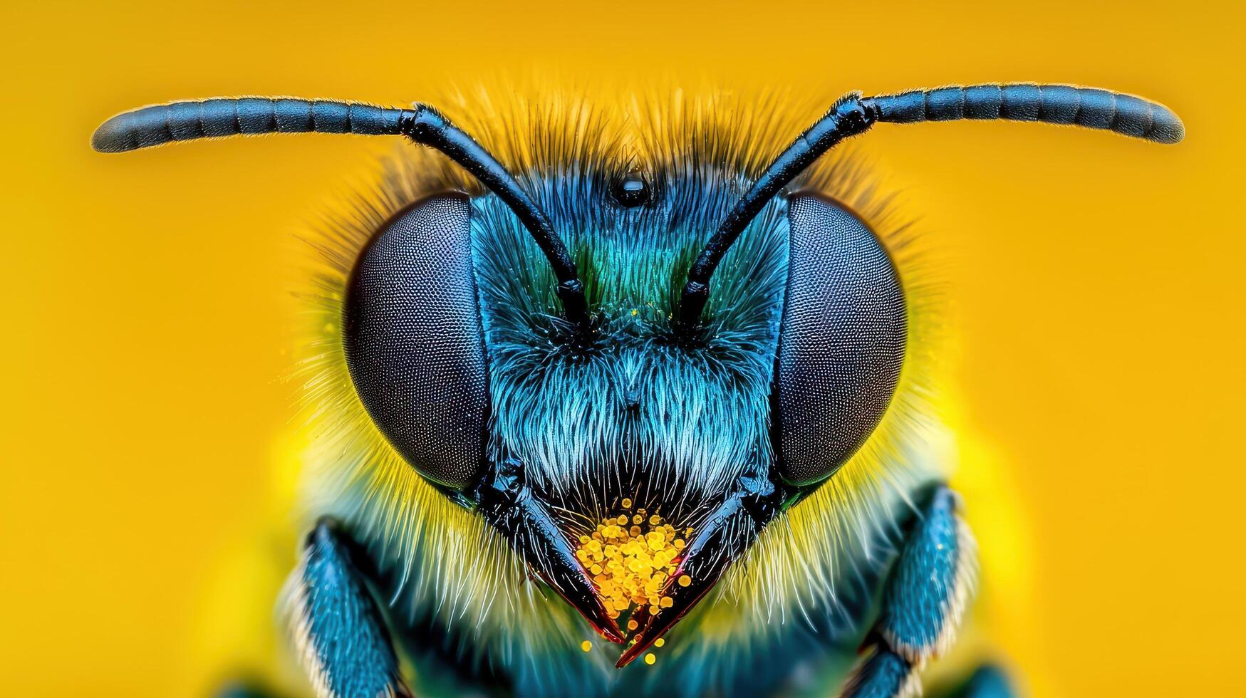 Close Up Macro Photography of a Vibrant Blue Bee with Pollen Detailed Insect Portrait photo