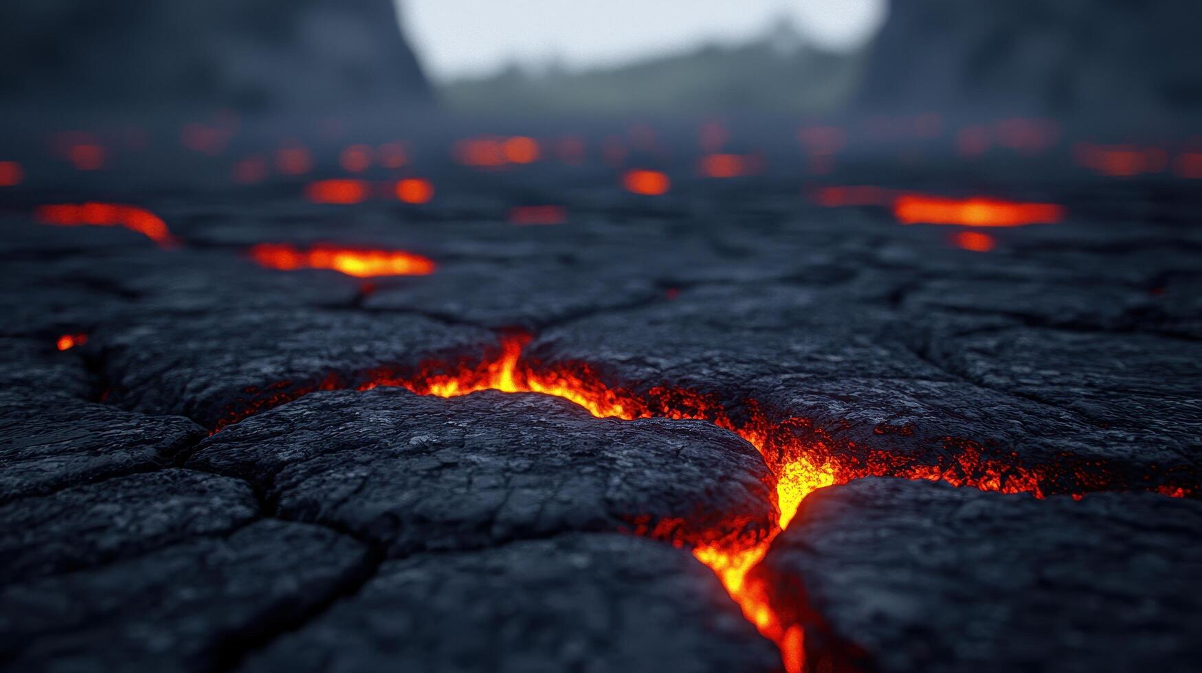 Glowing Lava Flowing Through Cracked Volcanic Rock Surface photo