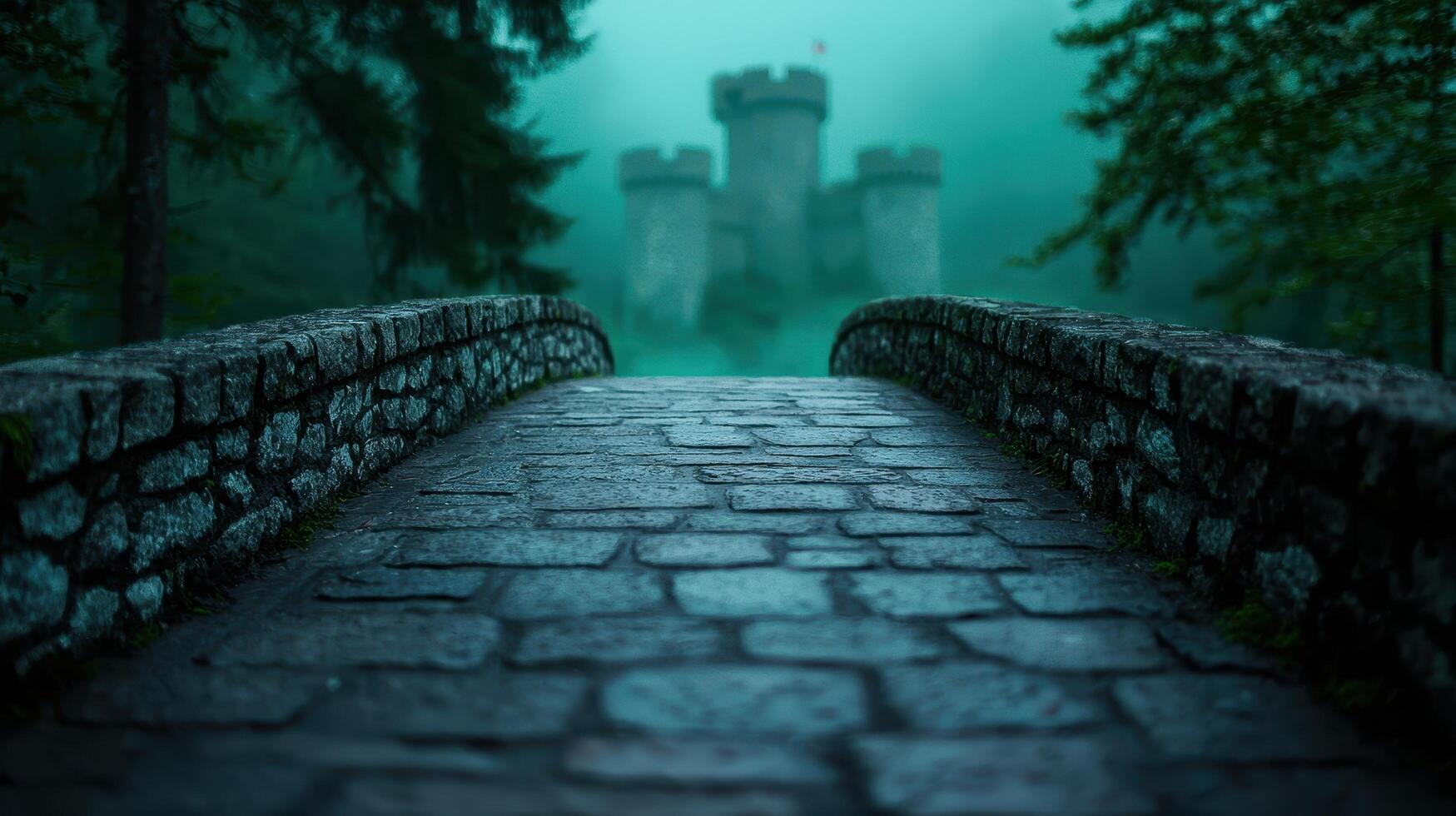 Mystical Stone Bridge Leading to a Foggy Medieval Castle in a Dark Forest photo