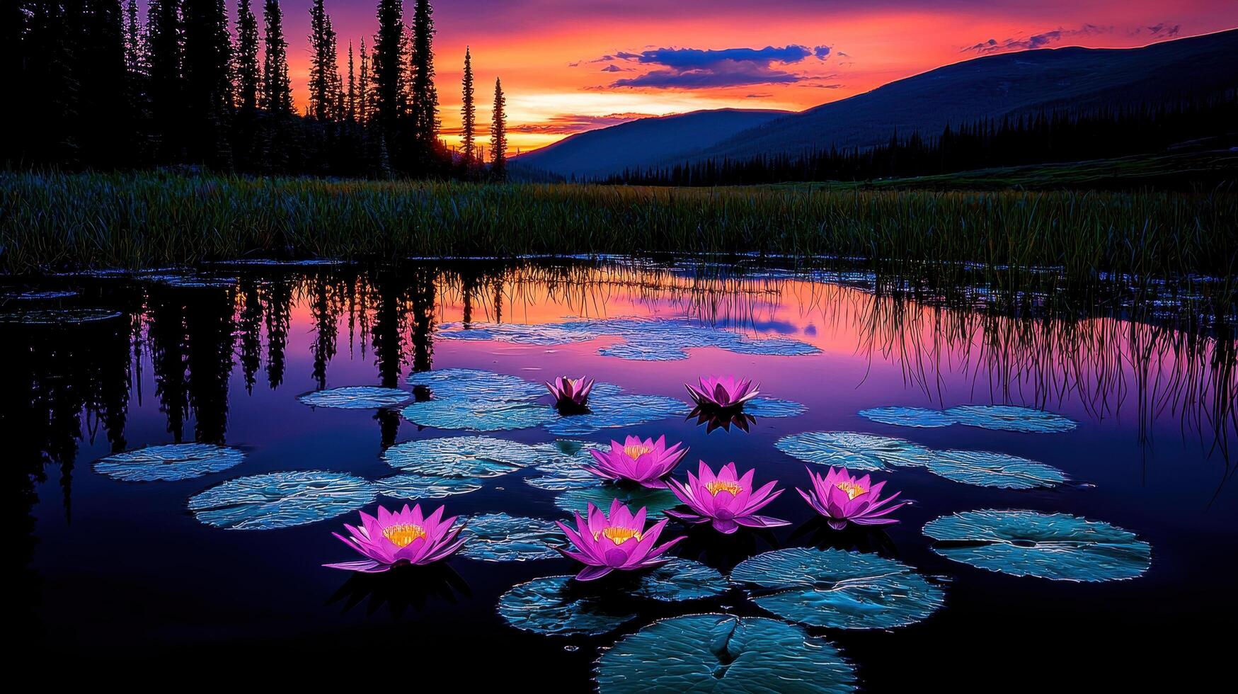 Serene Sunset Landscape Pink Water Lilies on Calm Pond at Dusk photo