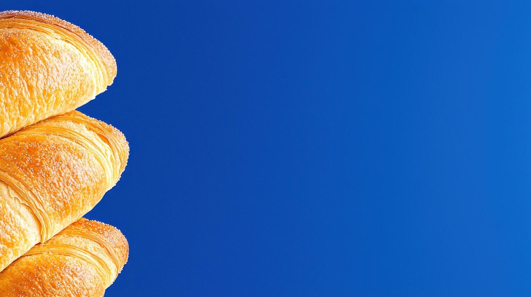Delicious Golden Croissants Stacked Against Vibrant Blue Background Bakery Food Photography photo