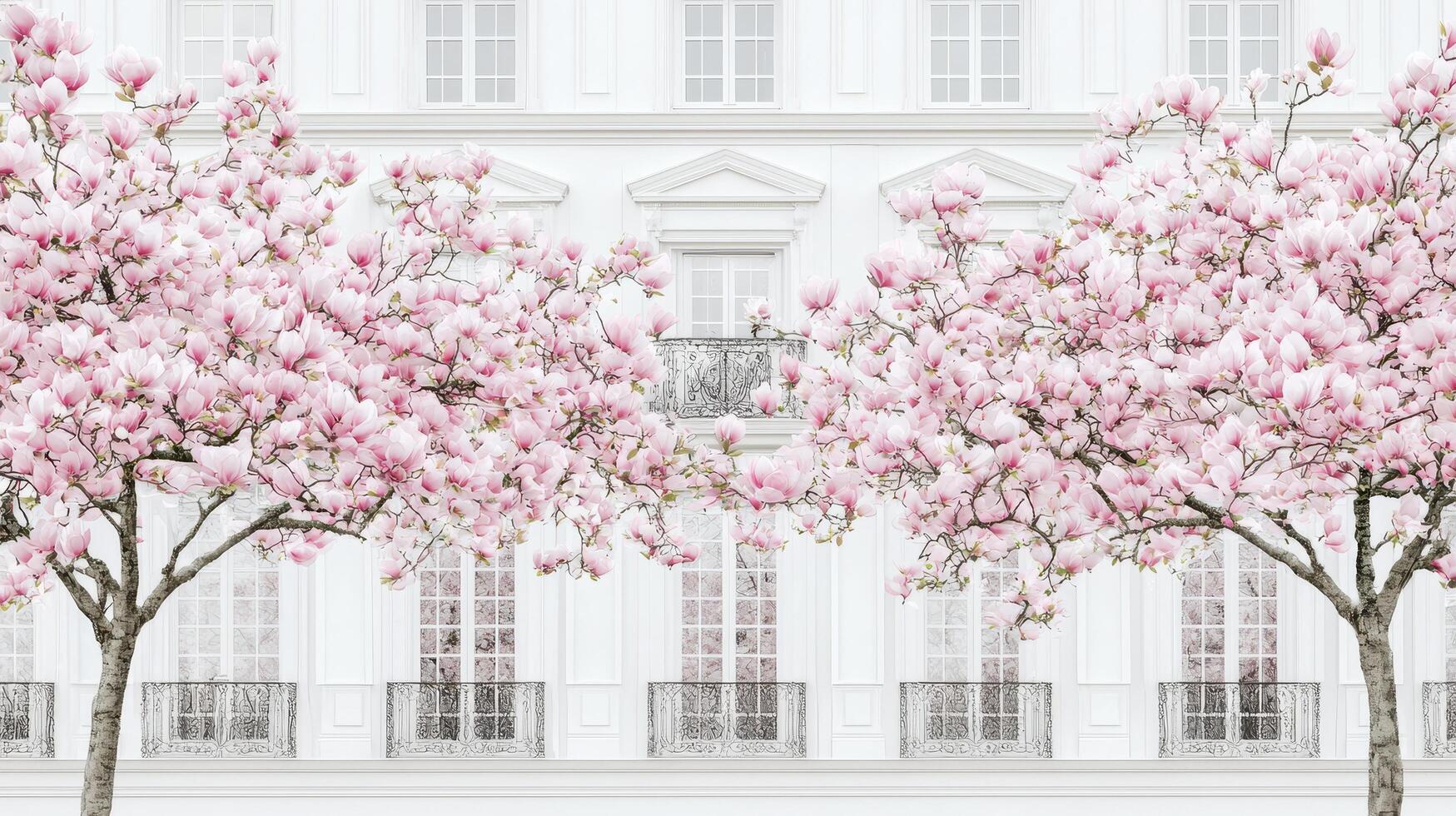 Elegant Parisian Building Facade Adorned with Blooming Pink Magnolia Trees in Spring photo