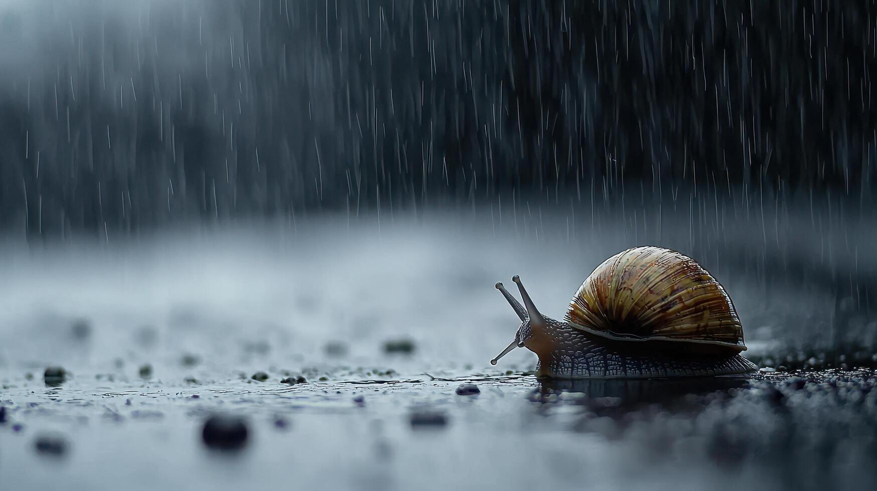 Snail in Rain A Macro Photography of a Snail Crawling on Wet Ground During a Downpour photo