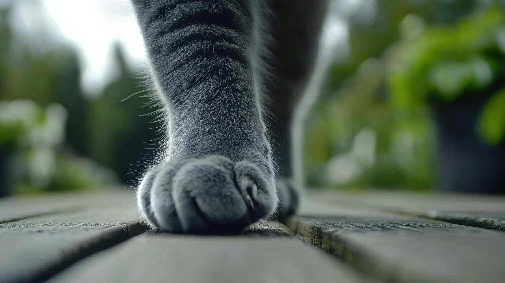 Close up of Gray Cat Paws Walking on Wooden Deck Outdoors photo