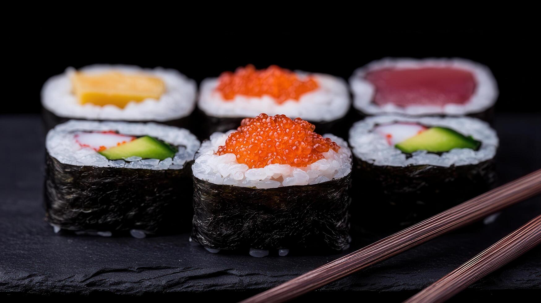 Delicious Assortment of Japanese Sushi Rolls with Various Toppings Close Up View photo