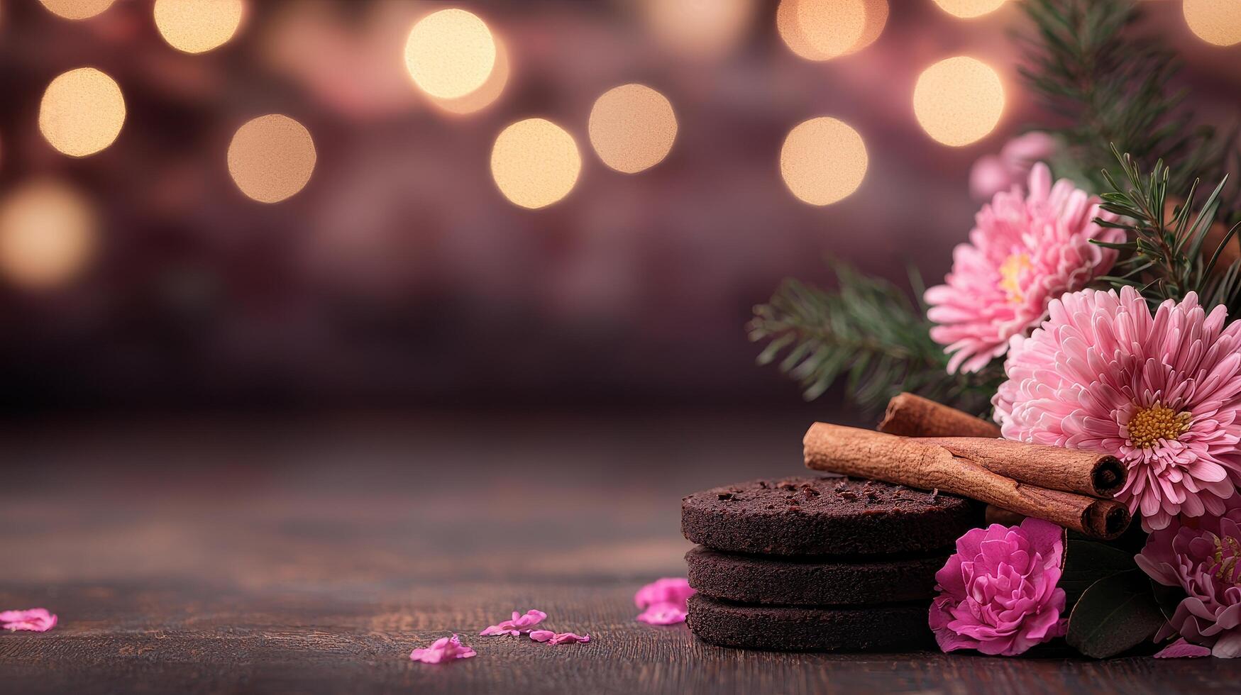 Festive Chocolate Cookies with Pink Flowers and Cinnamon Sticks on Wooden Table photo