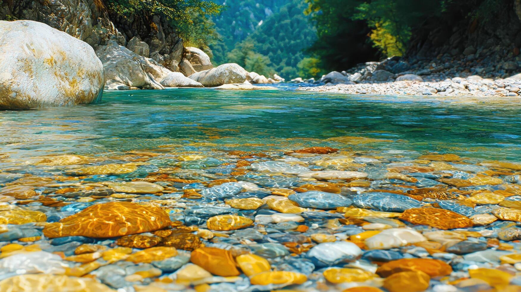 Crystal Clear River Water Flowing Over Smooth Colorful Pebbles and Rocks in a Mountain Riverbed photo