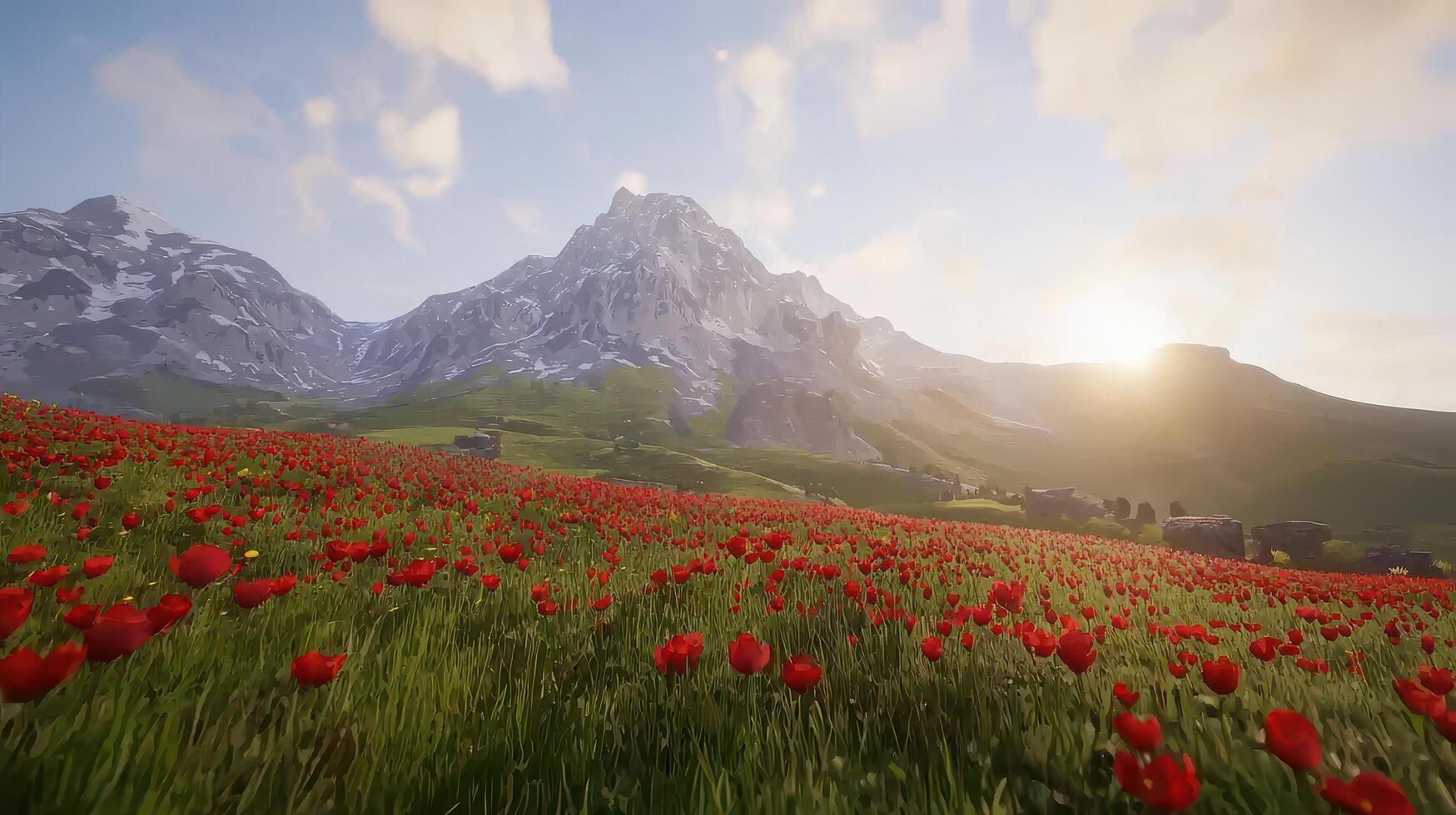 Majestic Mountain Landscape with Vibrant Red Poppy Field at Sunset photo
