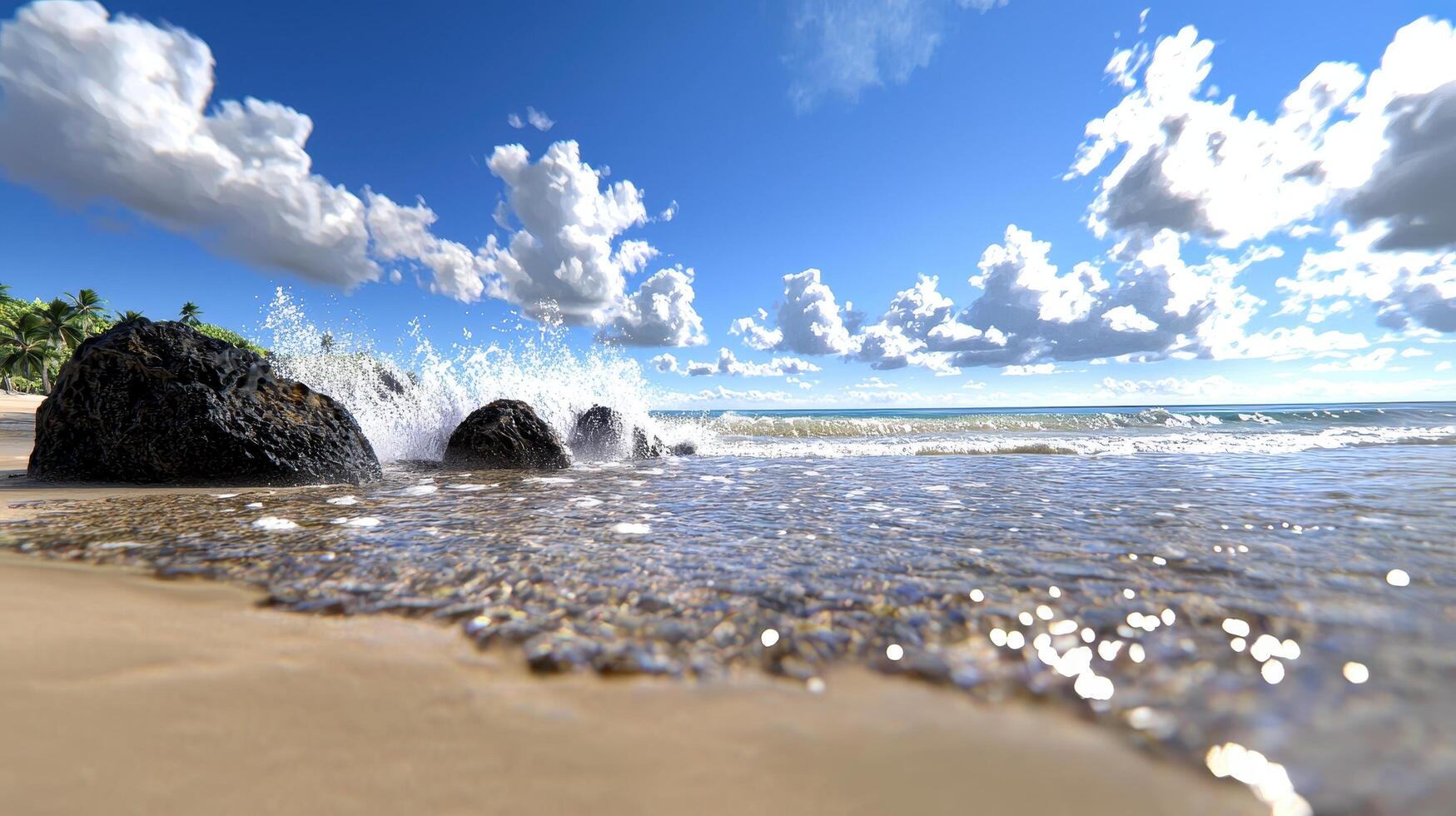 Serene Tropical Beach Scene Waves Crashing on Rocks Sunny Sky photo