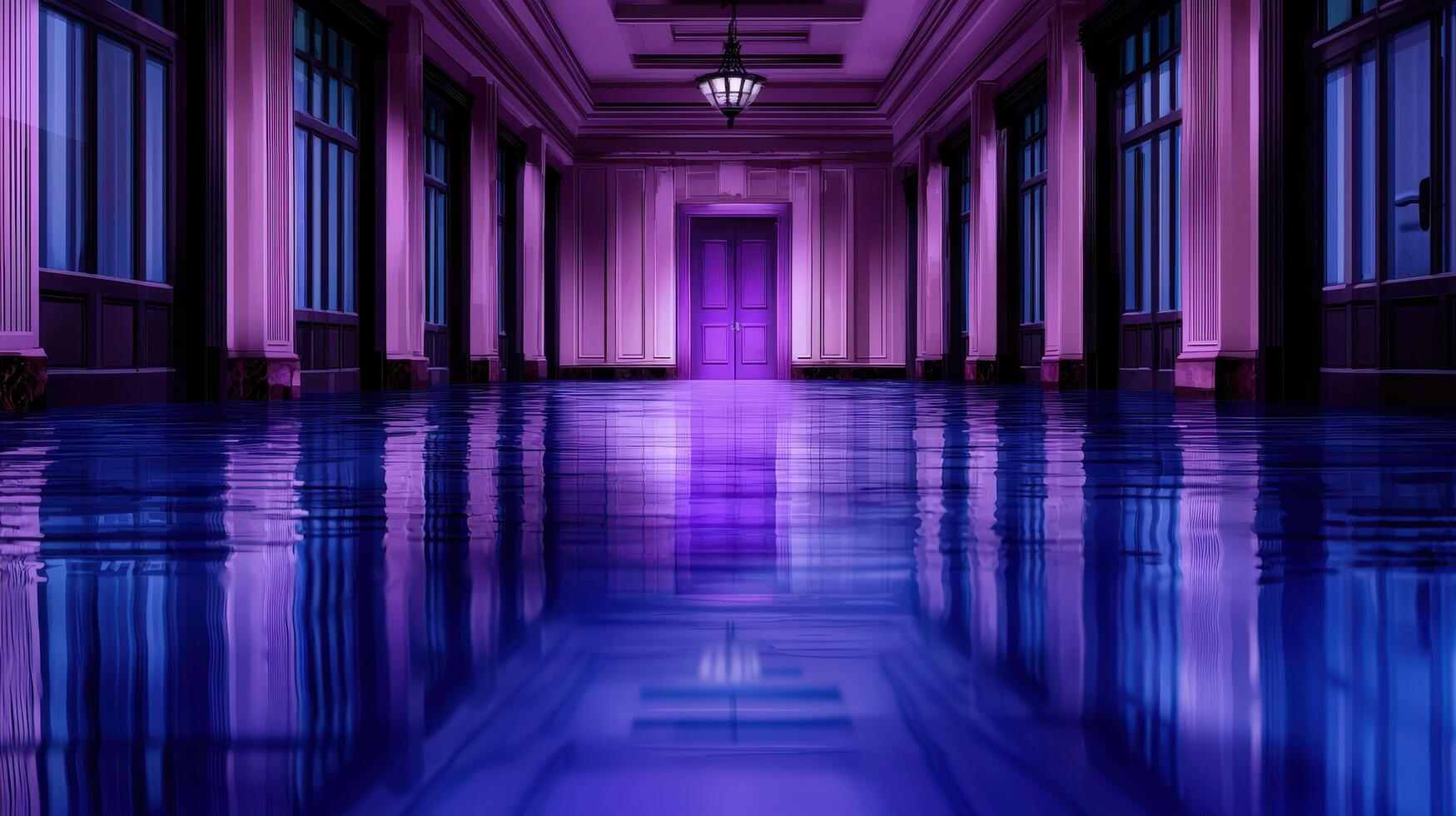 Flooded Hallway with Purple Lighting Mysterious Door Water Reflection Architectural Interior photo
