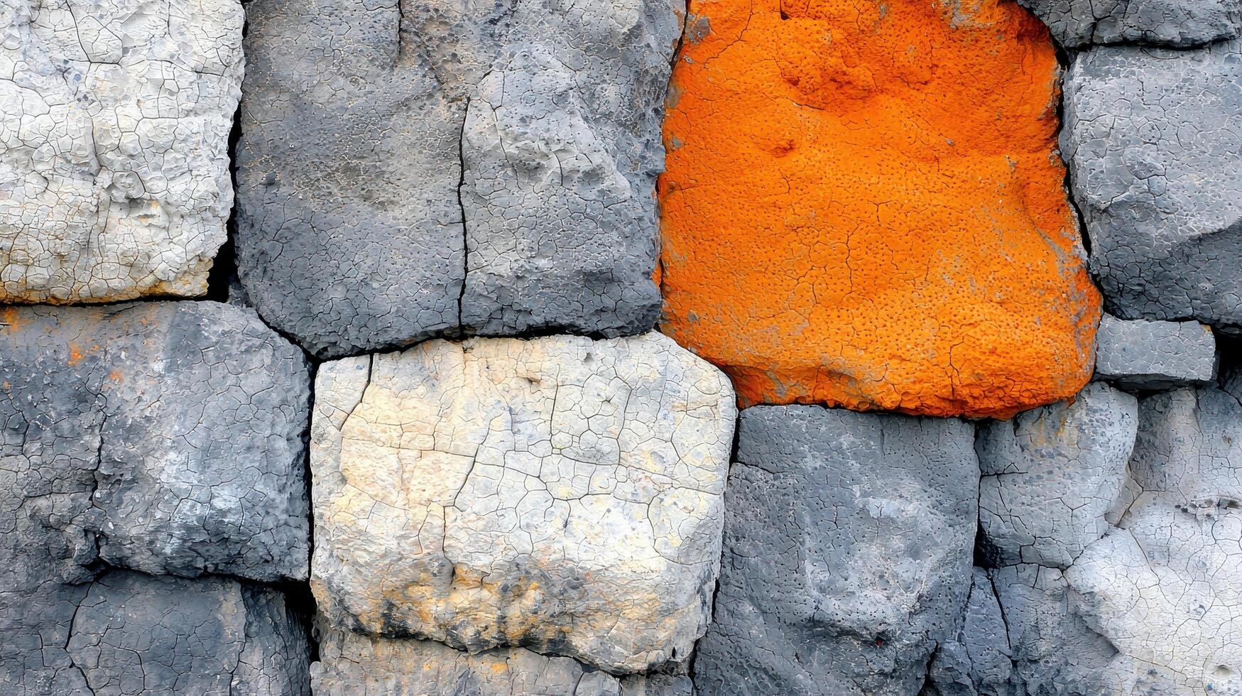 Cracked Stone Wall Texture Gray White and Orange Rock Background photo