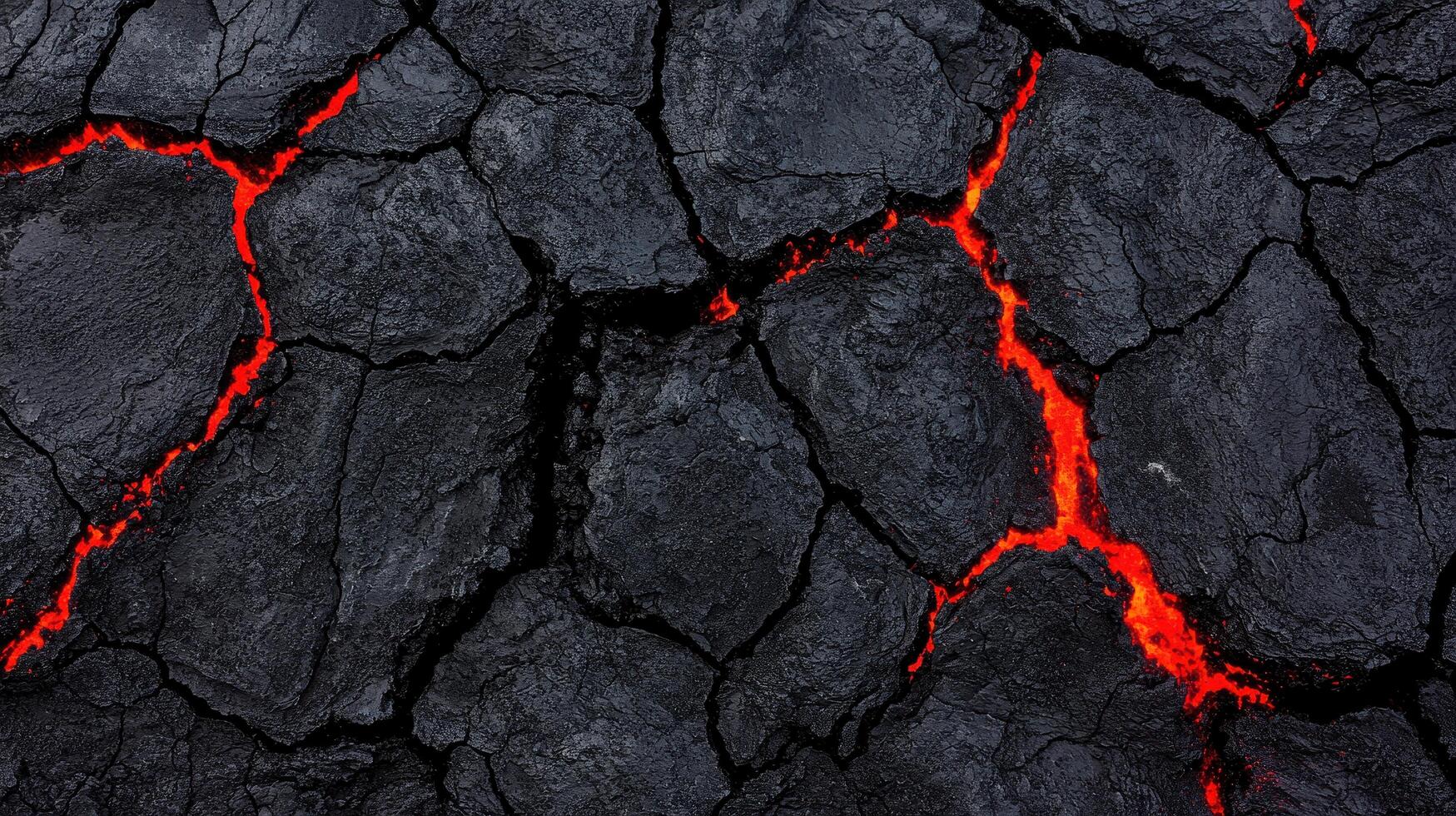 Volcanic Rock Texture Glowing Lava Cracks in Dark Obsidian Surface Background photo