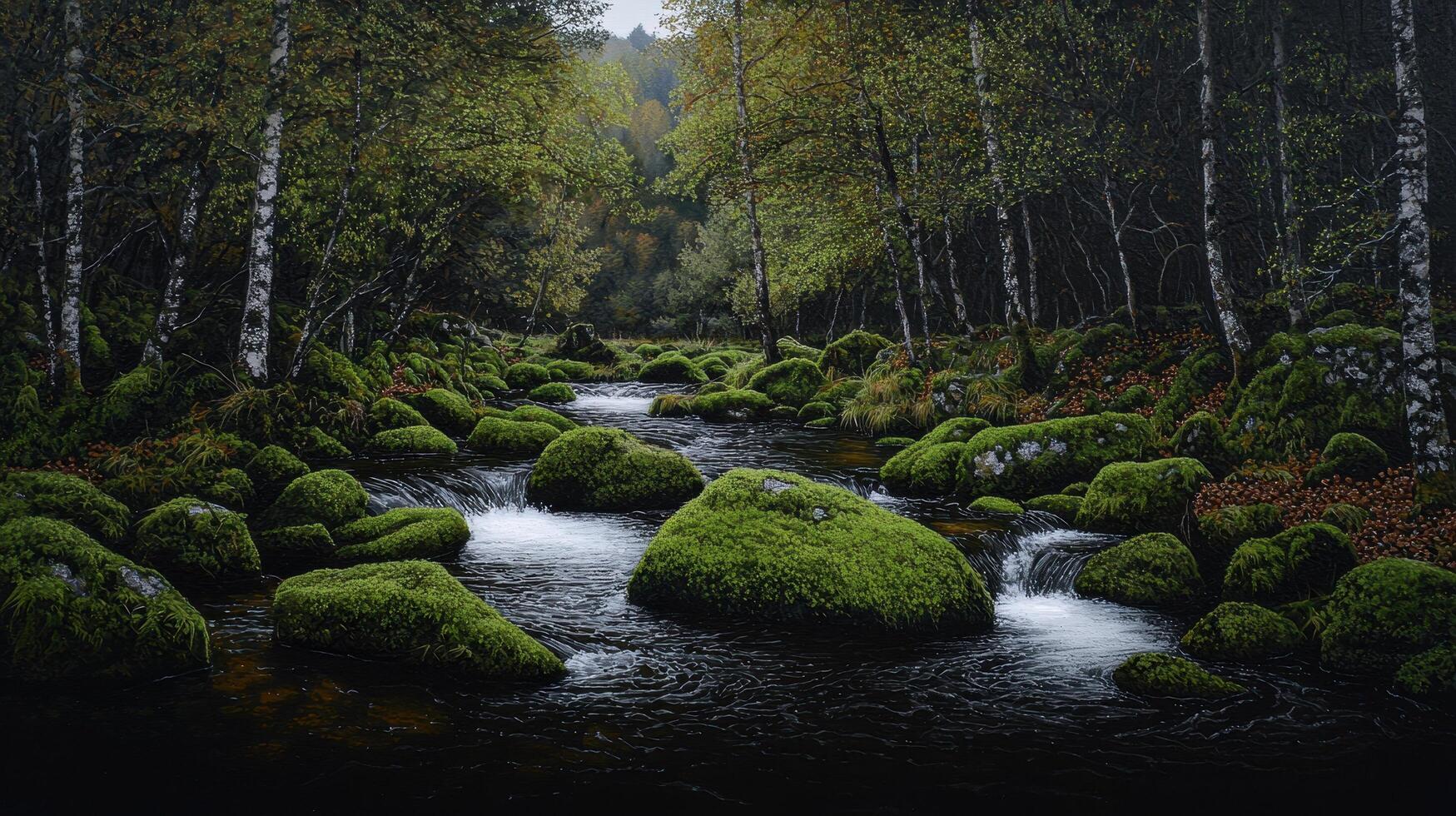 Serene Mossy Stream Flowing Through Lush Green Forest Tranquil Nature Scene photo