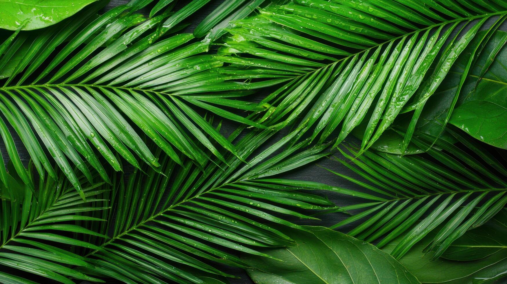 Lush Green Tropical Palm Leaves with Dew Drops Exotic Foliage Background Texture photo