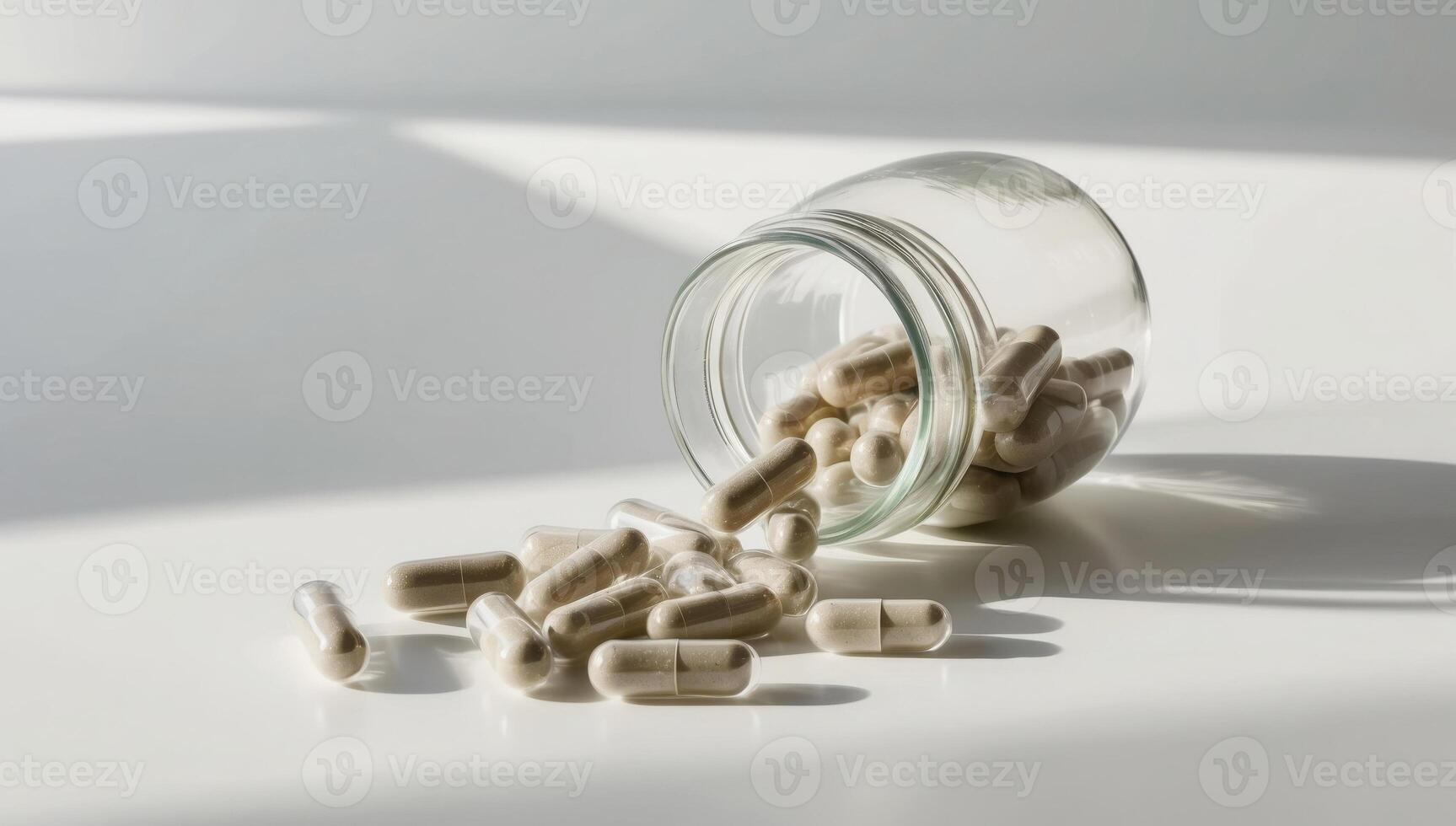 A clean white surface with a glass jar of probiotic capsules, some spilled, showcasing minimalist aesthetics and gut care photo