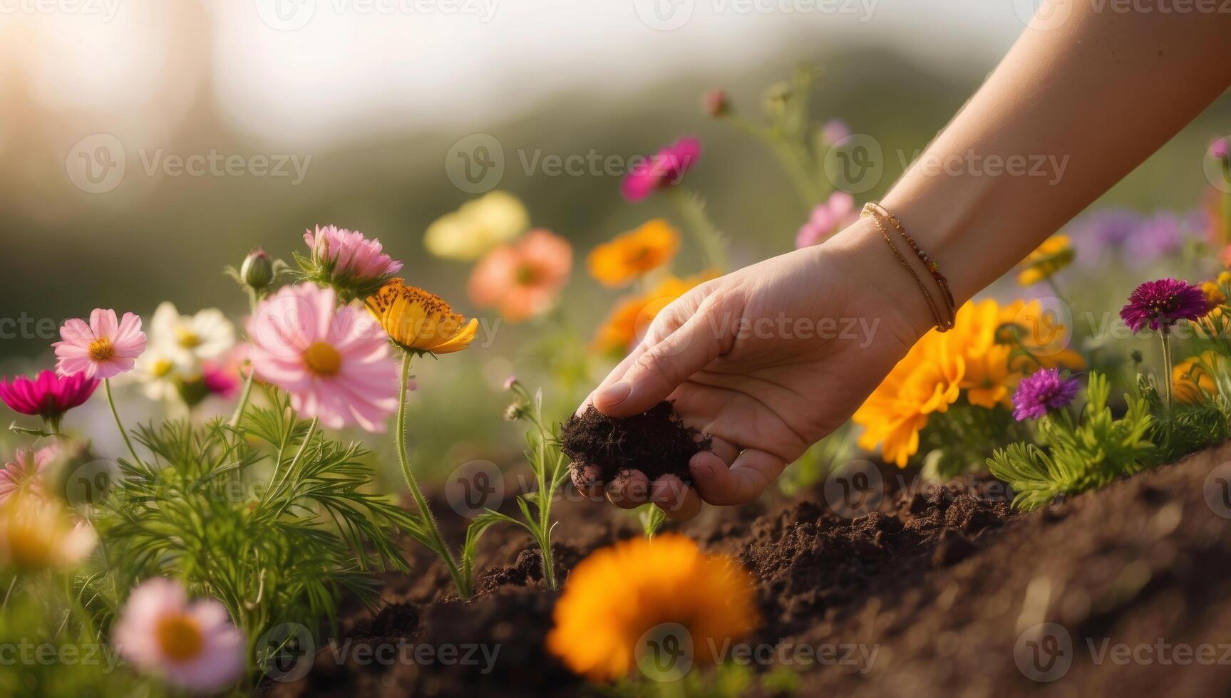 Hands gently planting vibrant wildflowers, adding bursts of color to the soil while creating a haven for pollinators. photo