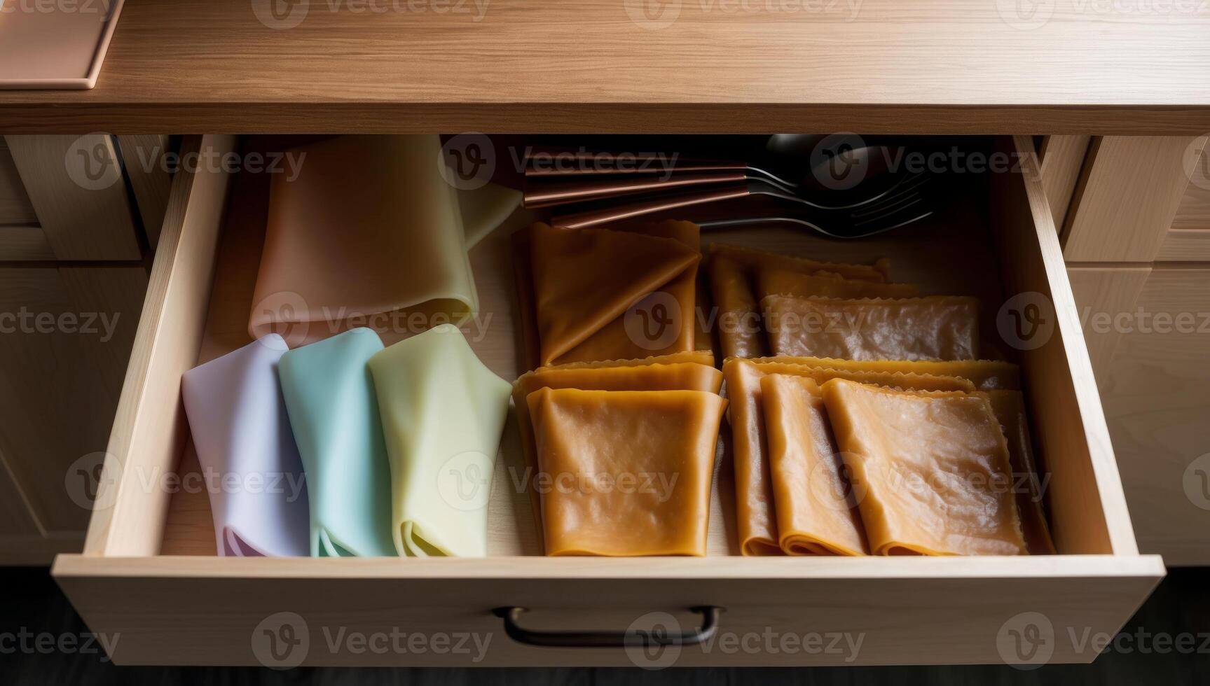 Kitchen drawer organized with reusable silicone bags and beeswax wraps, eliminating single-use plastic. photo