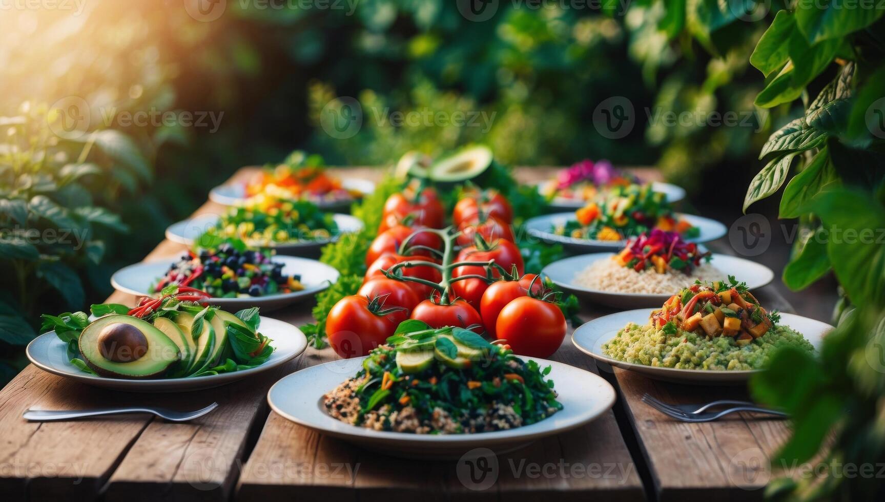 A spread of vibrant vegan dishes on a wooden table, surrounded by greenery, reflecting the vitality and eco-consciousness of a plant-based lifestyle. photo