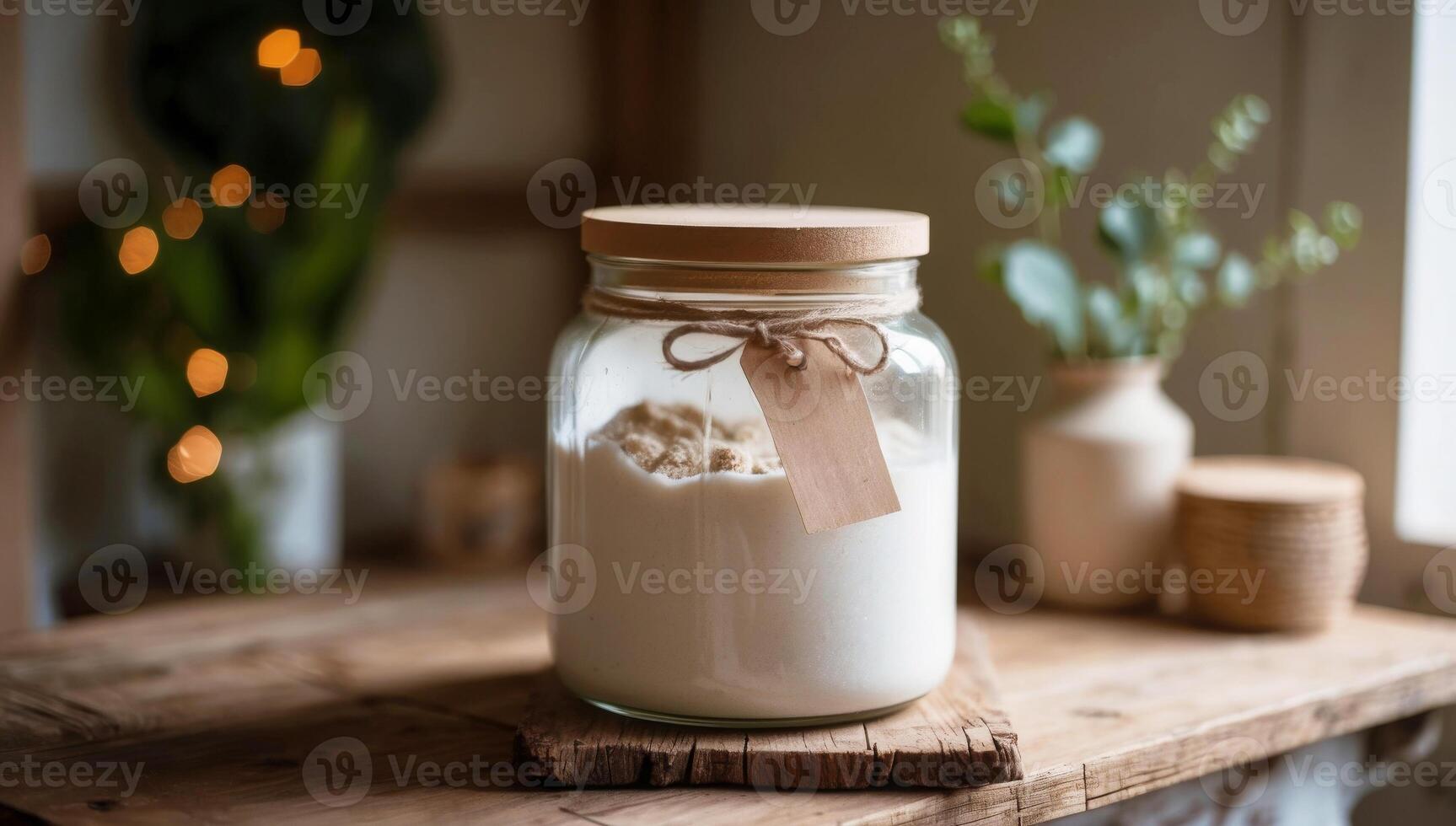 Homemade laundry detergent crafted from natural ingredients, neatly stored in a glass jar, reflecting sustainable living in an eco-friendly home. photo
