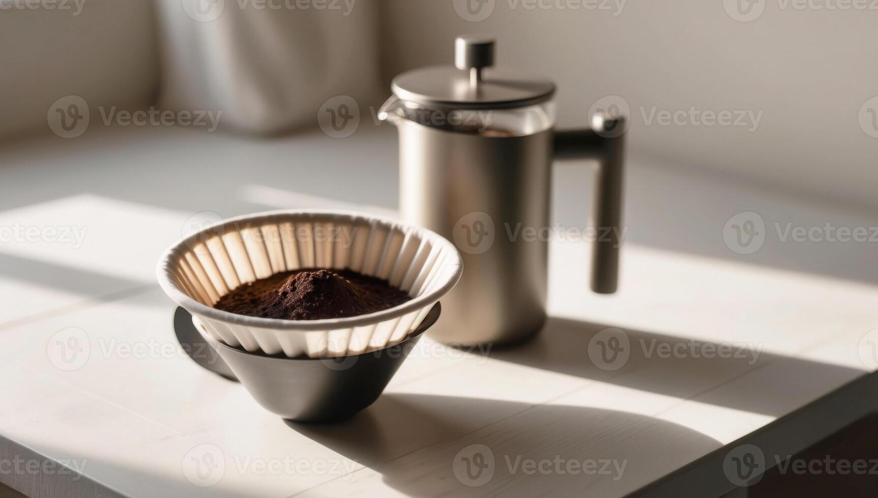 Crumpled, beige-colored reusable coffee filter, stainless steel French press, metallic surface, eco-friendly, sustainable. photo