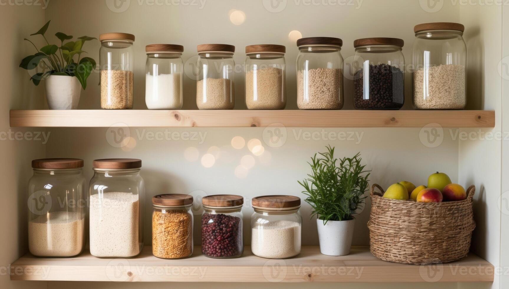 Rustic wooden shelves display an array of glass jars in a zero-waste pantry, celebrating minimalism and a commitment to sustainability. photo