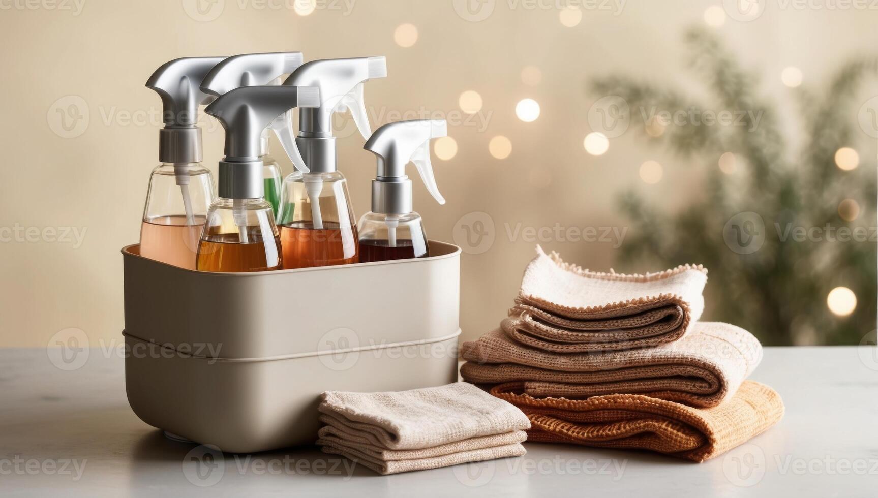 A sustainable cleaning kit featuring glass spray bottles for DIY solutions and reusable cloths, combining practicality and zero-waste living. photo