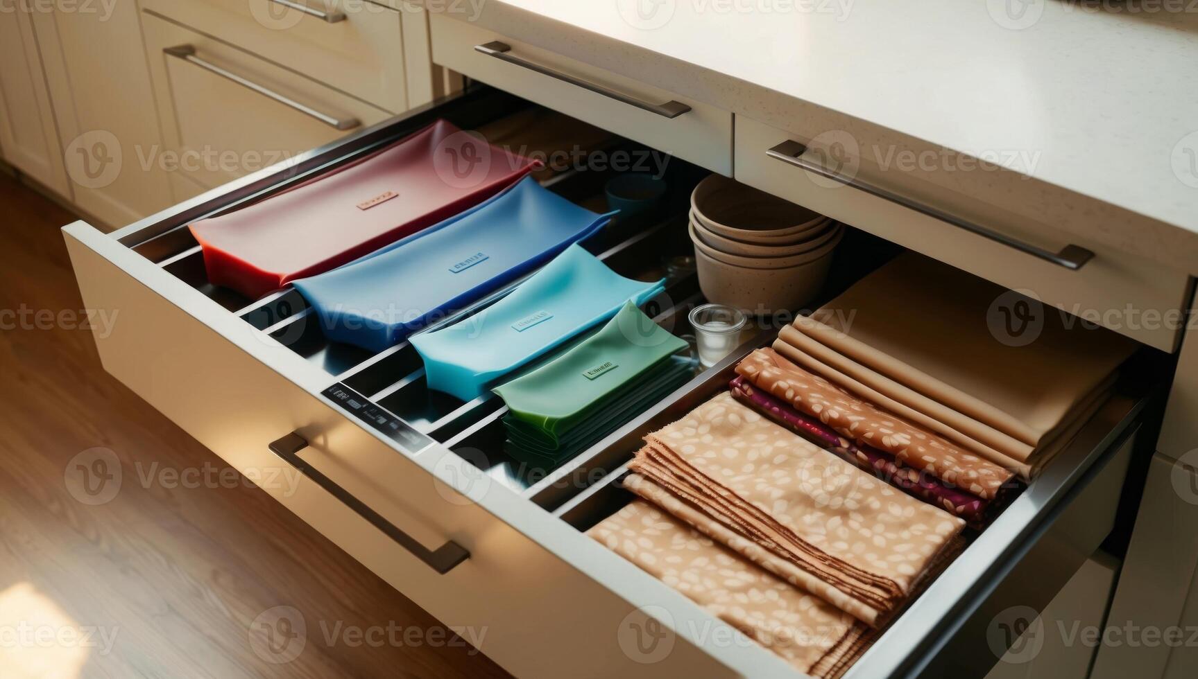 Kitchen drawer organized with reusable silicone bags and beeswax wraps, eliminating single-use plastic, environmental consciousness. photo