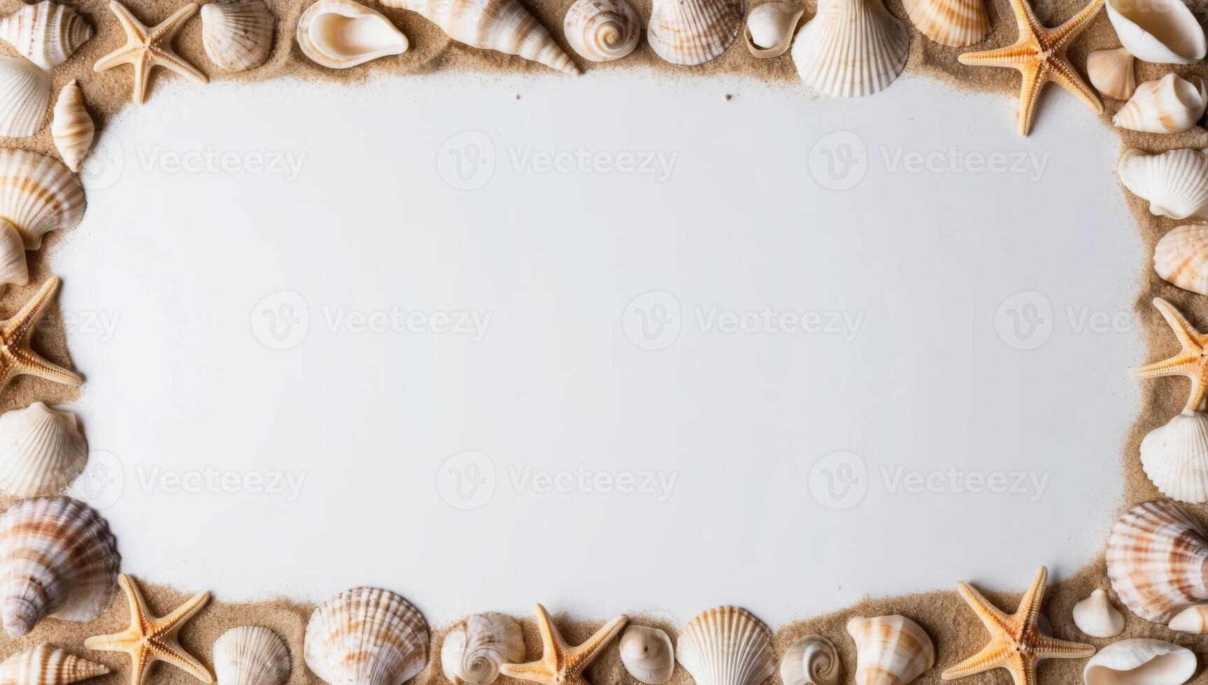 A tranquil white background surrounded by a border of seashells, starfish, and soft sand, reflecting a simple seaside charm. photo