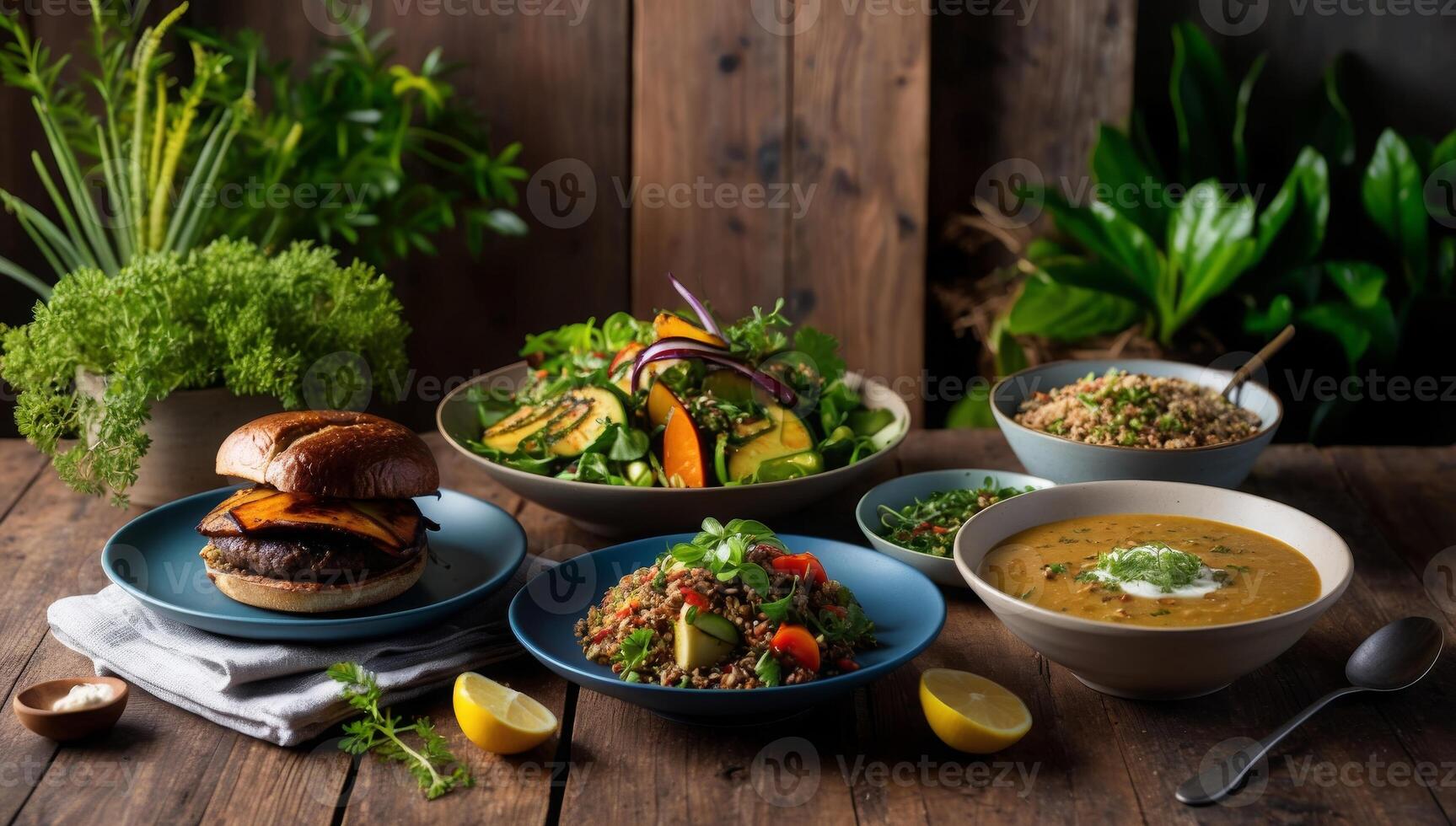 A selection of plant-based vegan meals, including a grilled portobello mushroom burger, fresh quinoa salad with roasted vegetables, and hearty lentil soup. photo