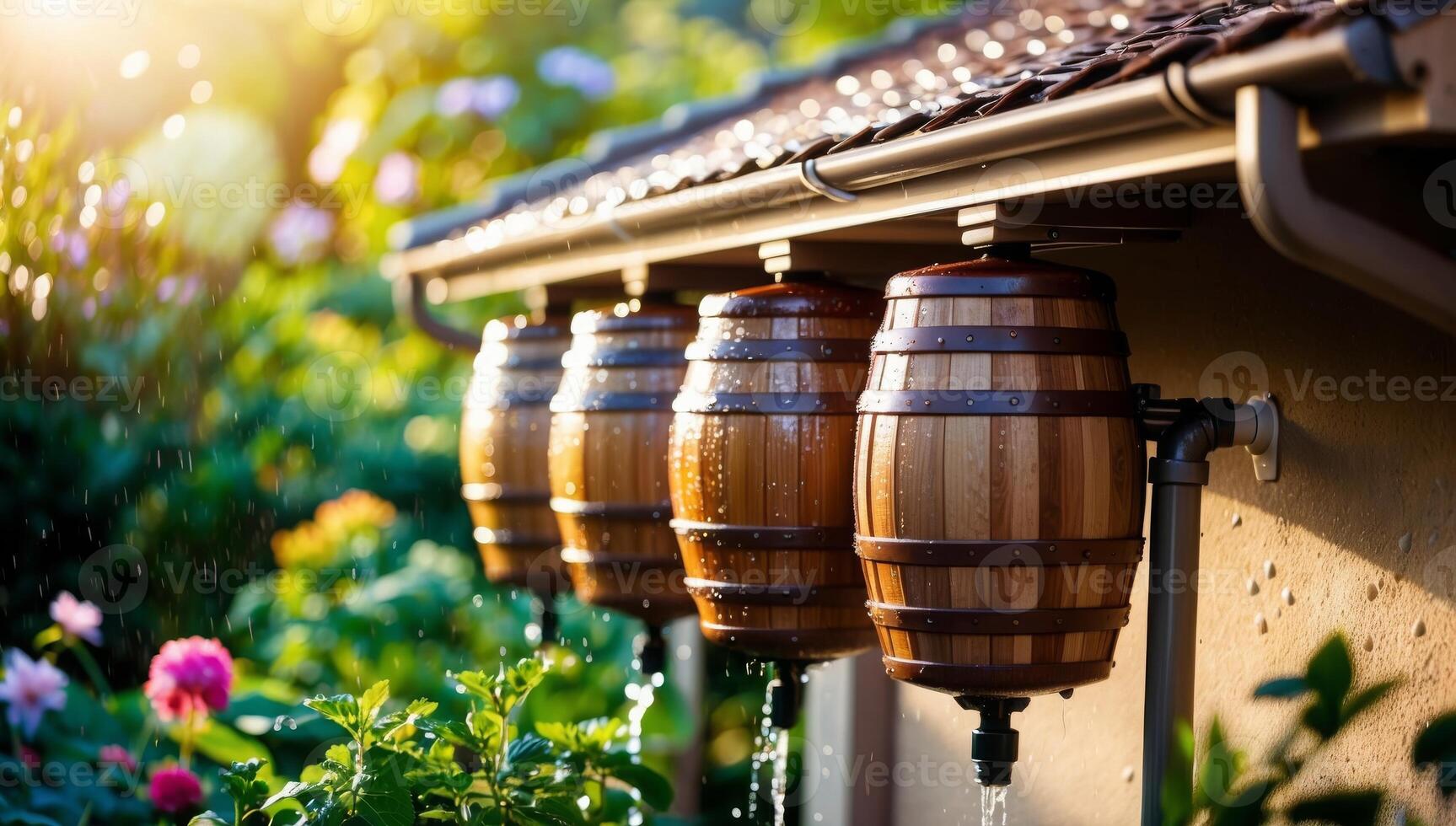 Wooden rainwater barrels gather runoff from a rustic home's gutters, storing water sustainably for eco-friendly garden care. photo