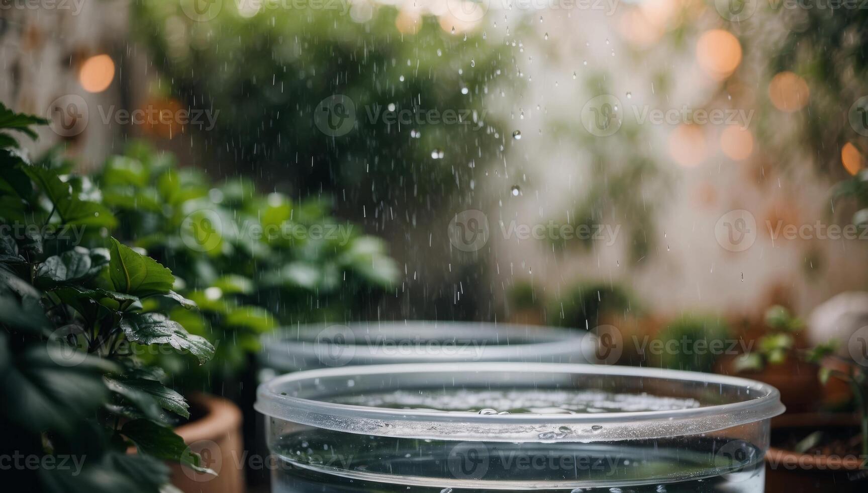 Rainwater-filled containers sparkle in the foreground, with vibrant greenery and a dreamy bokeh effect emphasizing eco-conscious irrigation methods. photo