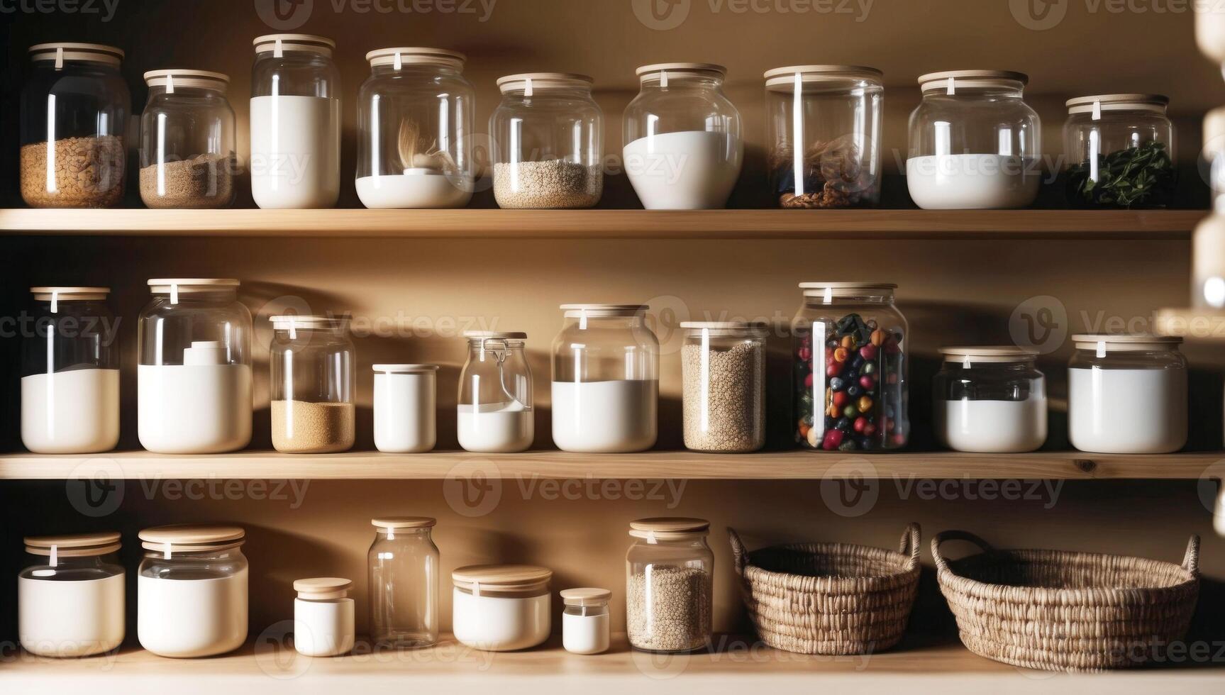 Reusable glass containers line wooden shelves in a zero-waste pantry, emphasizing sustainability and a clean, minimal aesthetic. photo