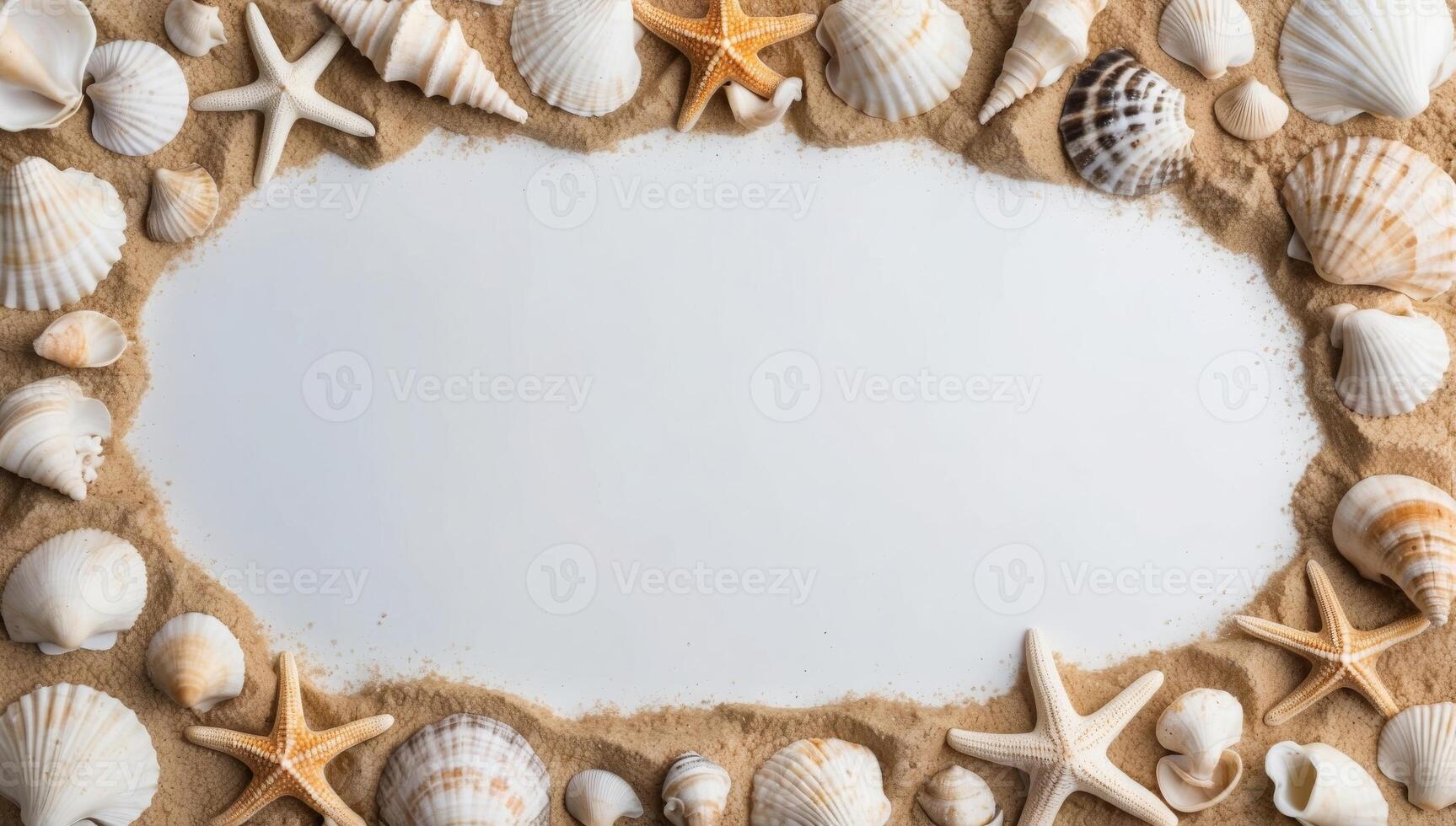 Seashells, starfish, and sand form a coastal border around a white background, evoking a serene beachside aesthetic. photo