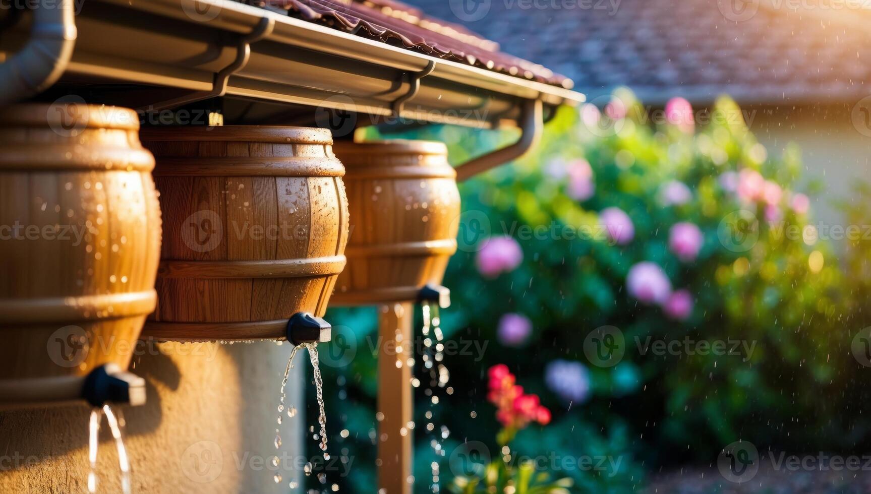 Rustic wooden rain barrels attached to gutters store collected rainwater, blending eco-friendly irrigation with the charm of a countryside home. photo