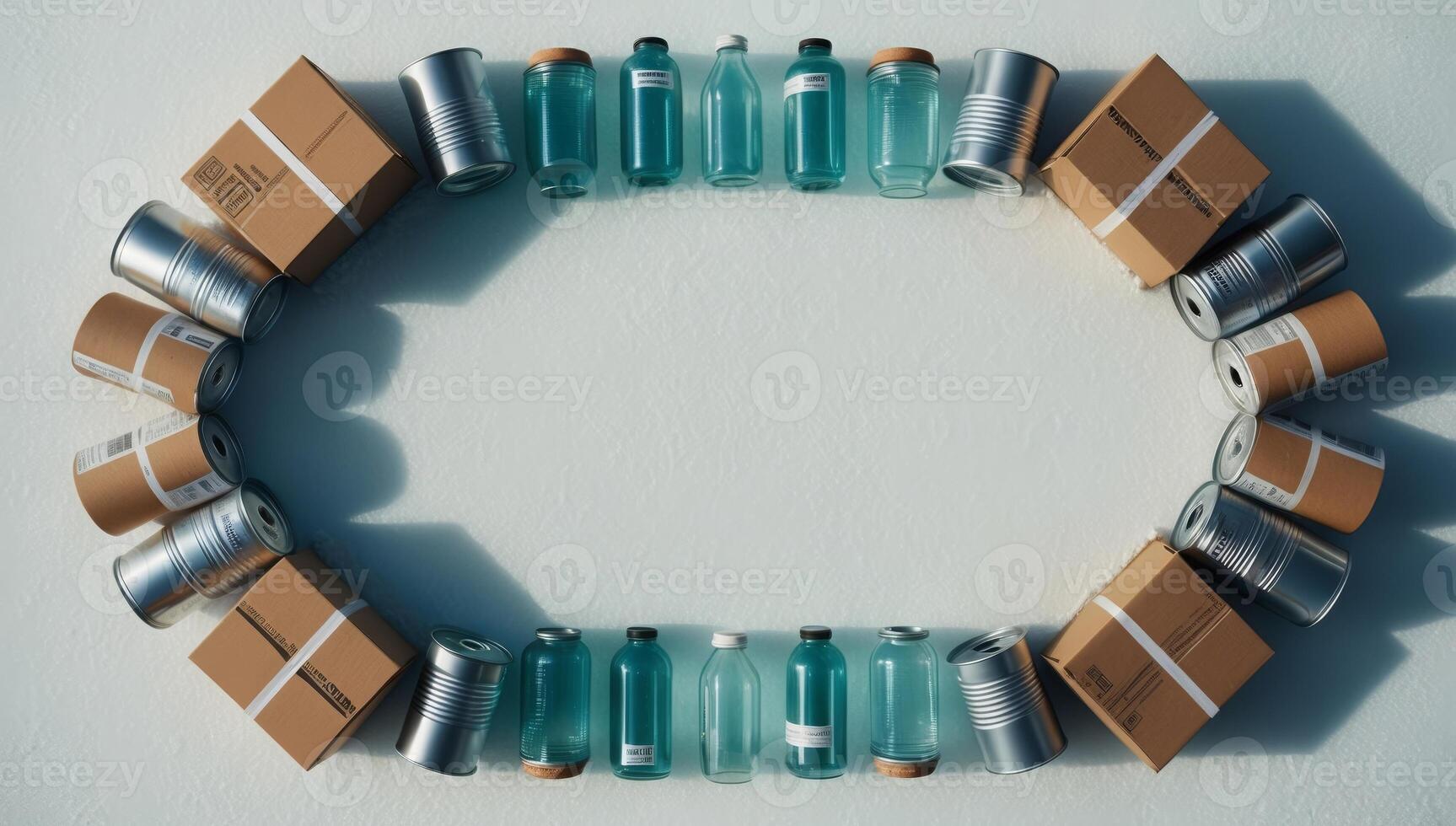 Sustainable waste management with recyclable materials like corrugated cardboard, glass bottles, and metallic cans, supporting eco-friendly practices. photo