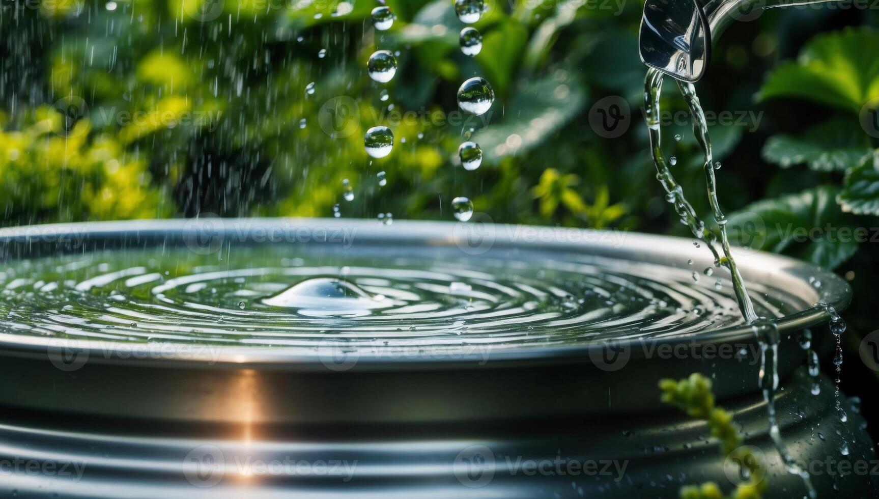 A stainless steel or glass container adorned with water droplets highlights the eco-friendly practice of collecting rainwater for garden irrigation. photo