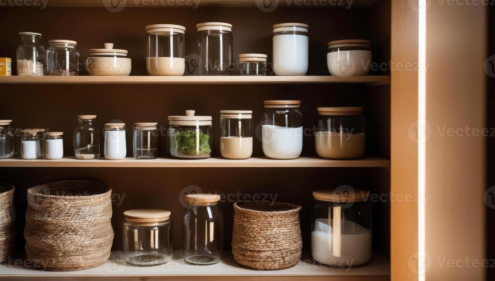 A zero-waste pantry features reusable glass jars, neatly organized on wooden shelves, showcasing minimalistic design and eco-conscious choices. photo