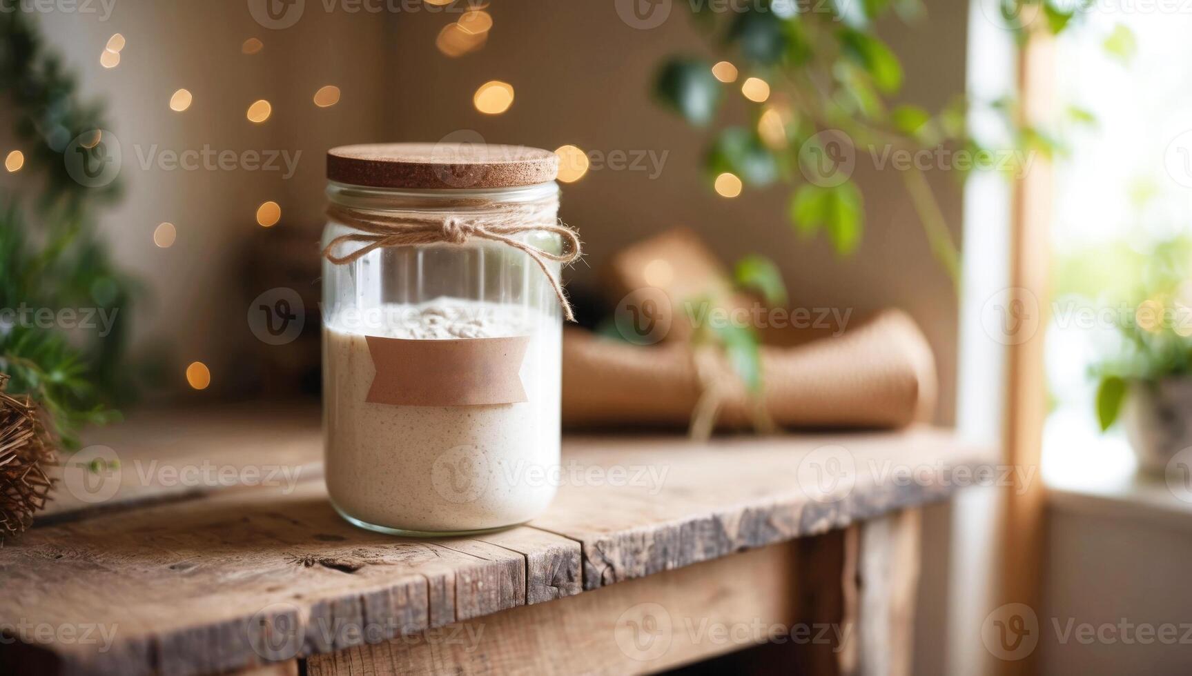 A clear glass jar containing homemade detergent, made with sustainable ingredients, ready to be used in an environmentally conscious laundry routine. photo