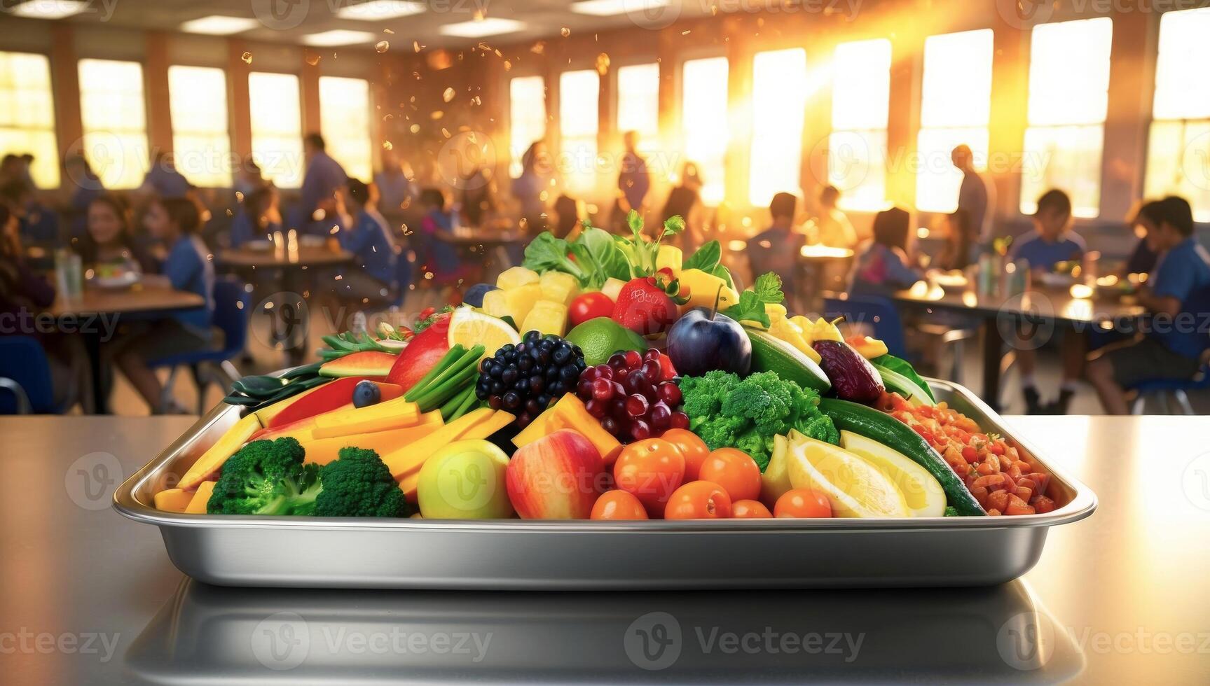 A school lunch tray filled with fresh fruits and vibrant vegetables, gleaming stainless steel contrasting against the busy cafeteria setting. photo