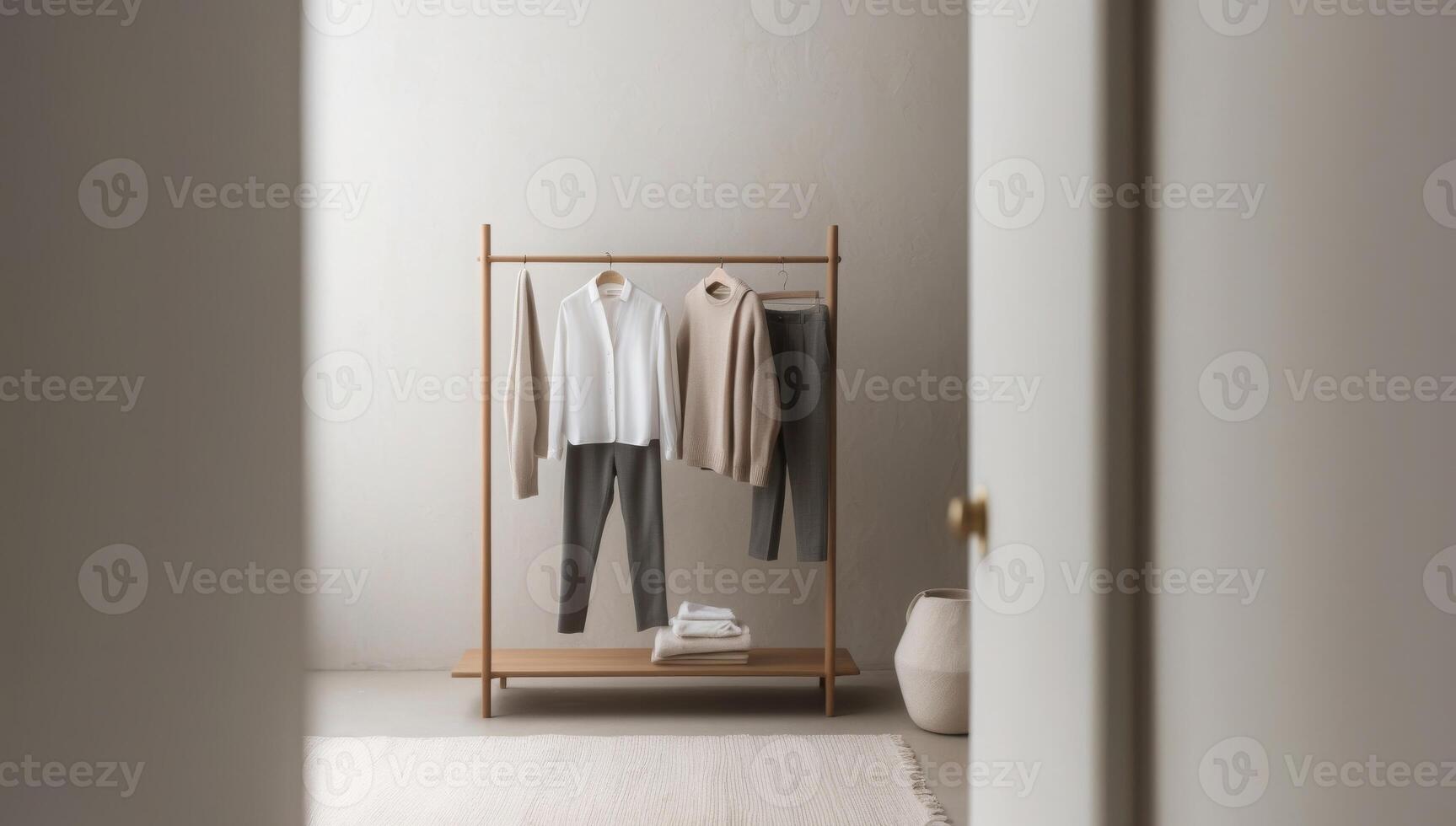 Minimalist wardrobes celebrating the values of slow fashion, focusing on fewer, well-made garments that stand the test of time and reduce waste. photo